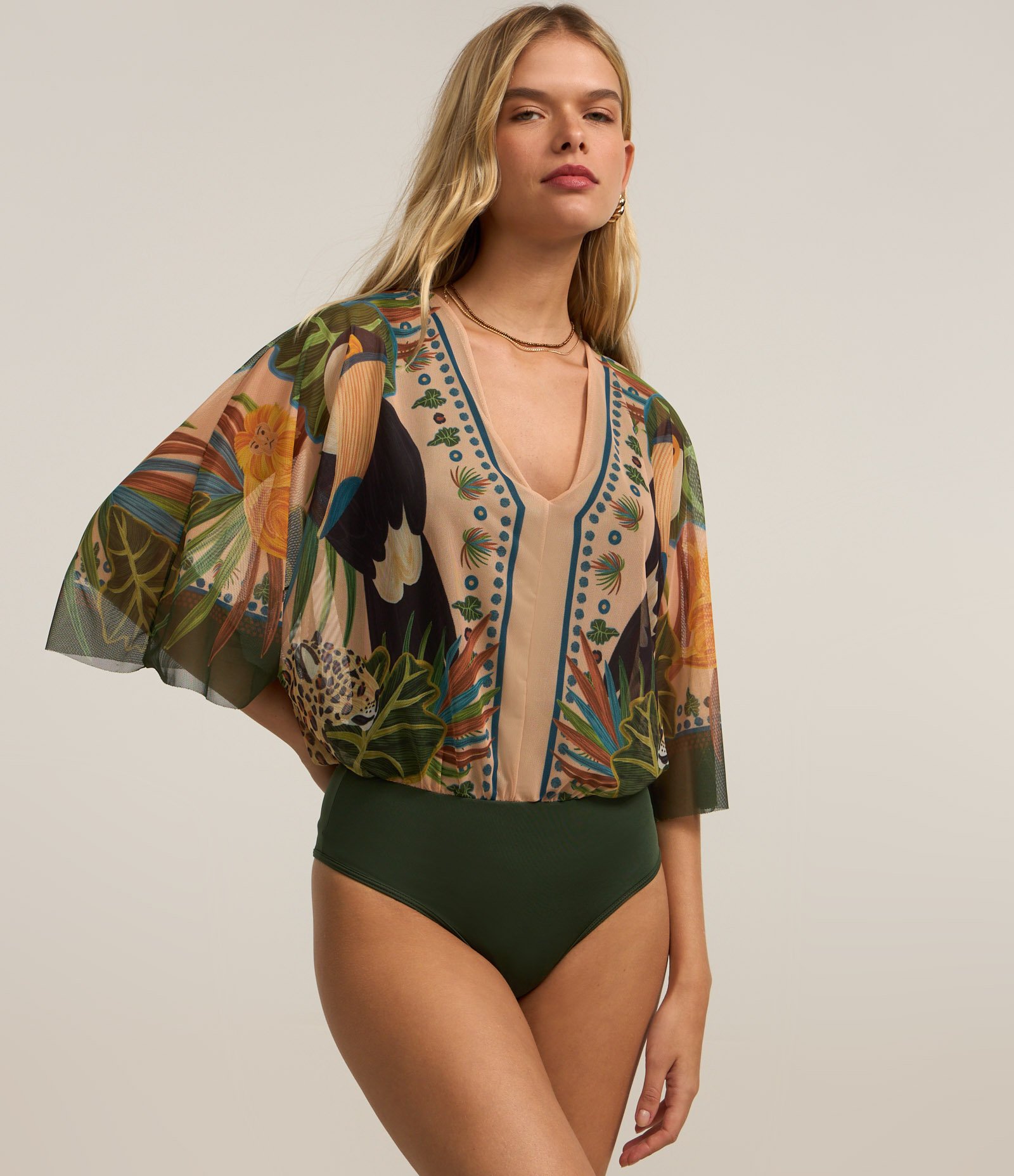 Body em Tule com Estampa Tropical e Manga Amplas Multicores 3