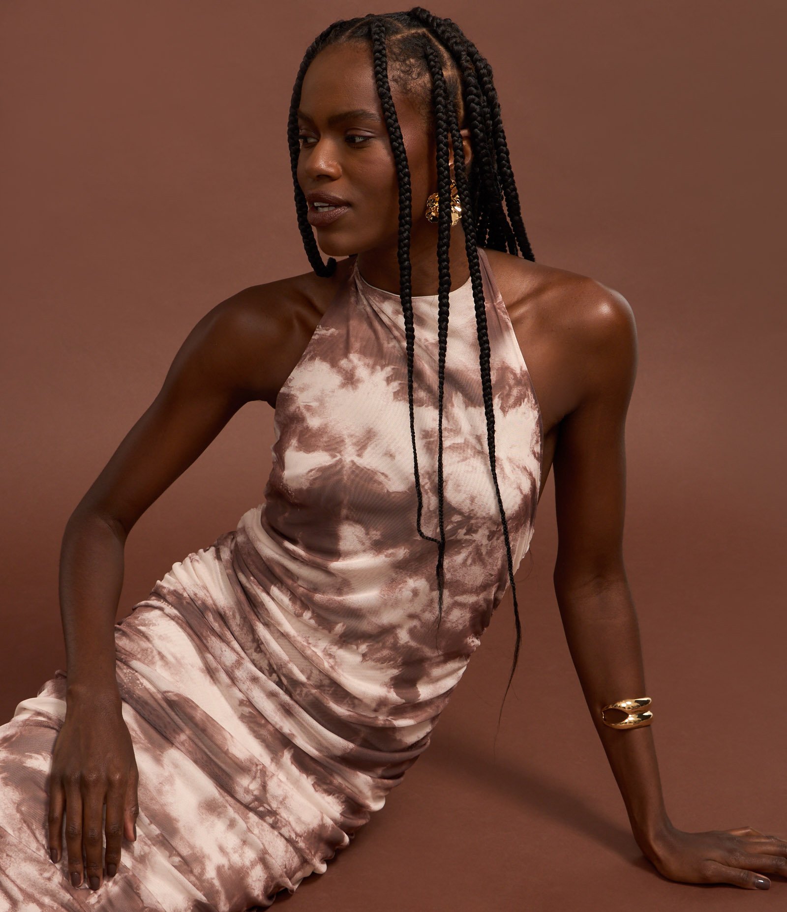 Vestido Midi em Tule Frente Única Drapeado Marrom 3