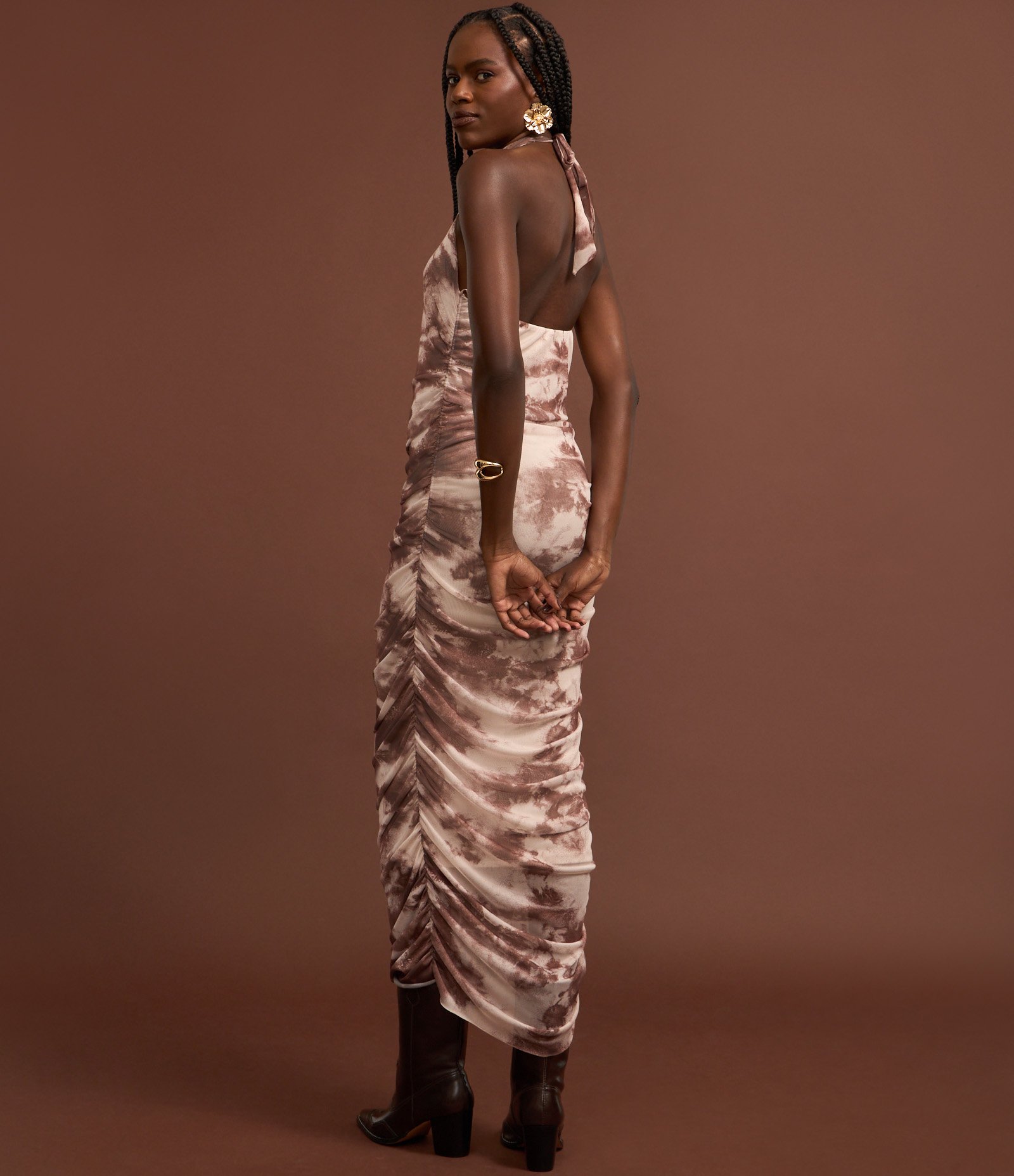 Vestido Midi em Tule Frente Única Drapeado Marrom 4