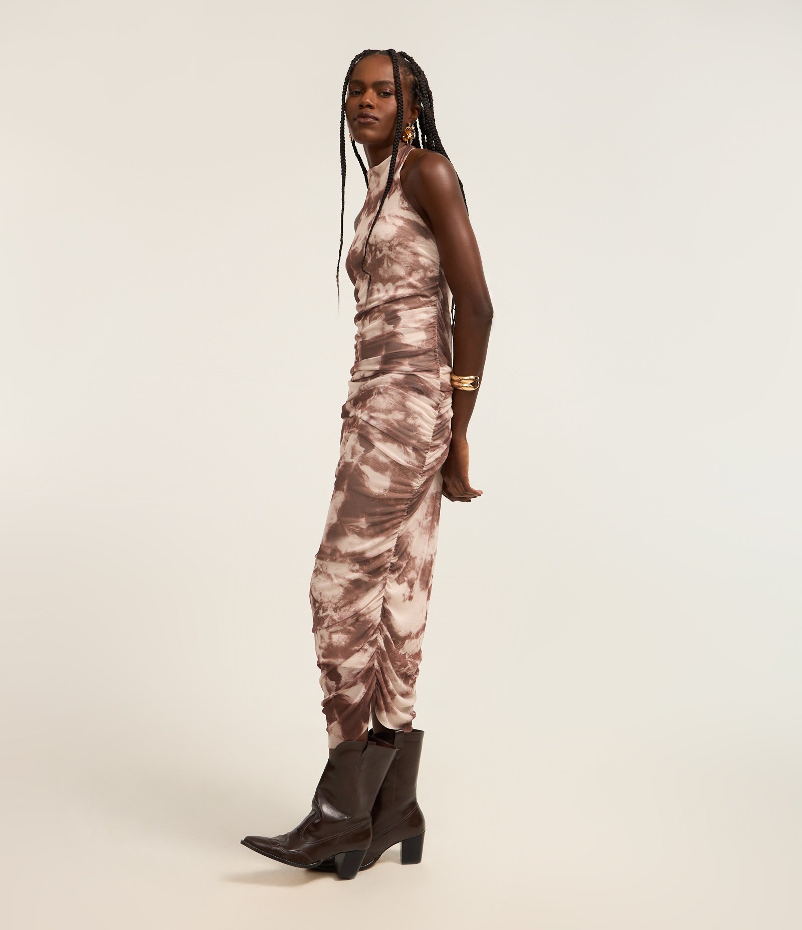 Vestido Midi em Tule Frente Única Drapeado Marrom 1