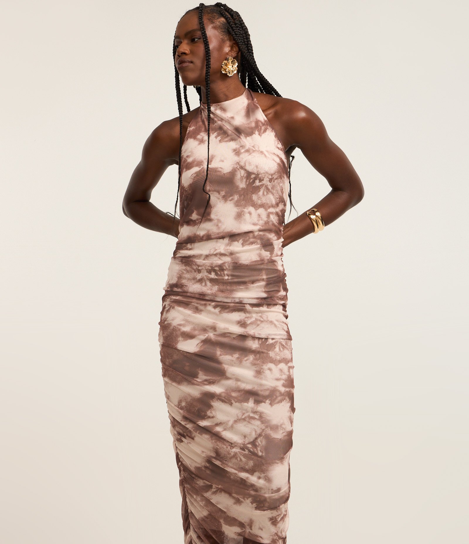 Vestido Midi em Tule Frente Única Drapeado Marrom 2