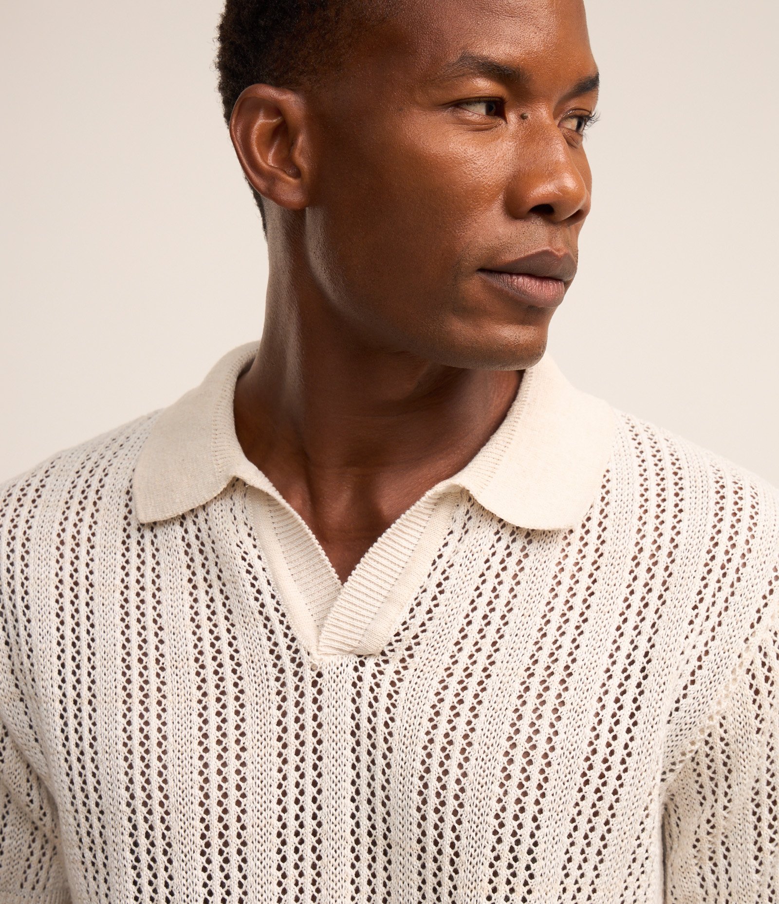 Camisa Polo com Efeito Crochê Off White 5