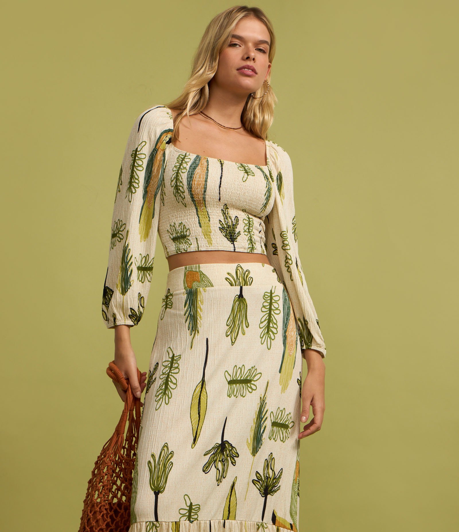 Saia New Midi em Viscose com Estampa Folhagem e Pássaro Off White 4