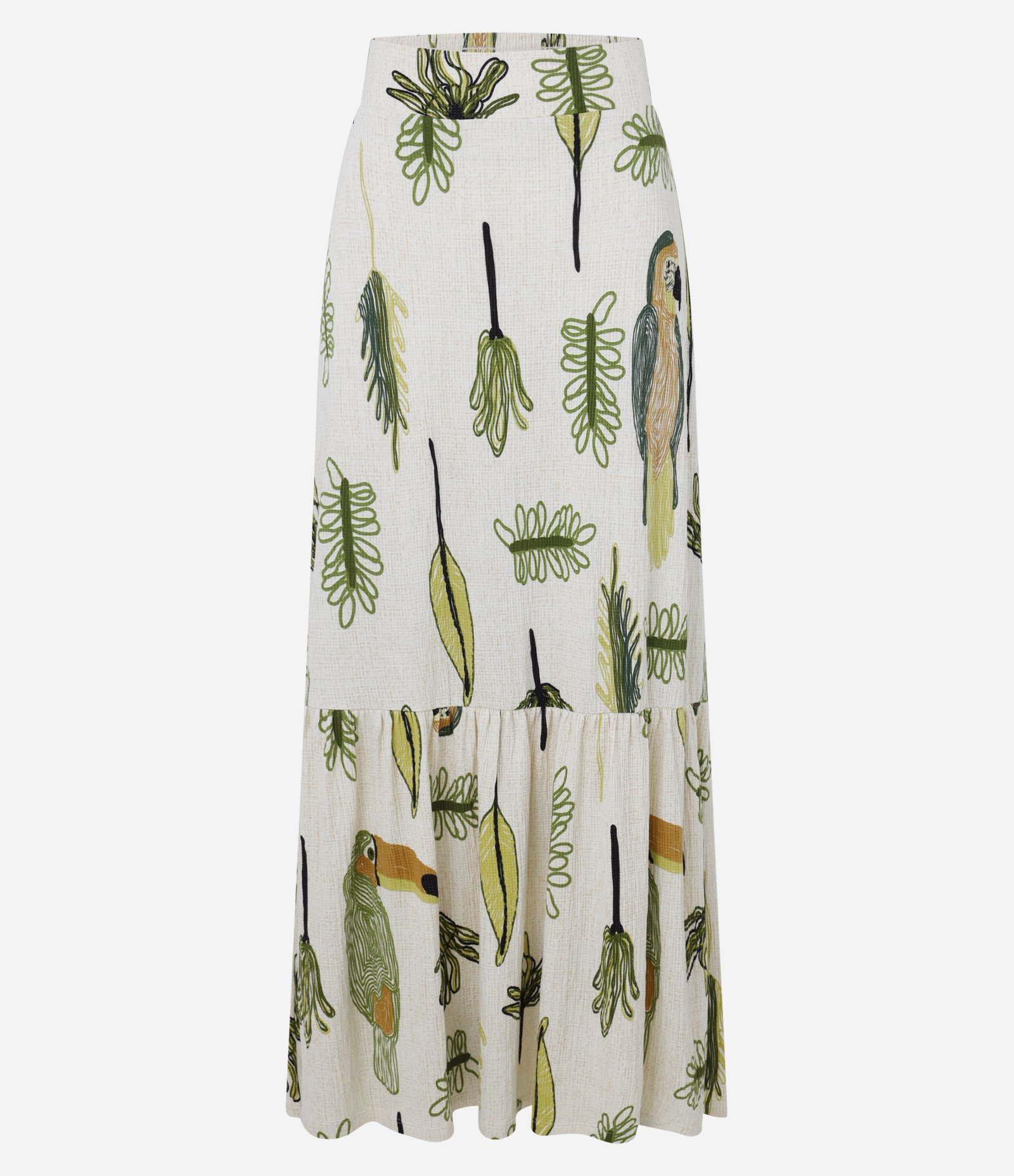Saia New Midi em Viscose com Estampa Folhagem e Pássaro Off White 5
