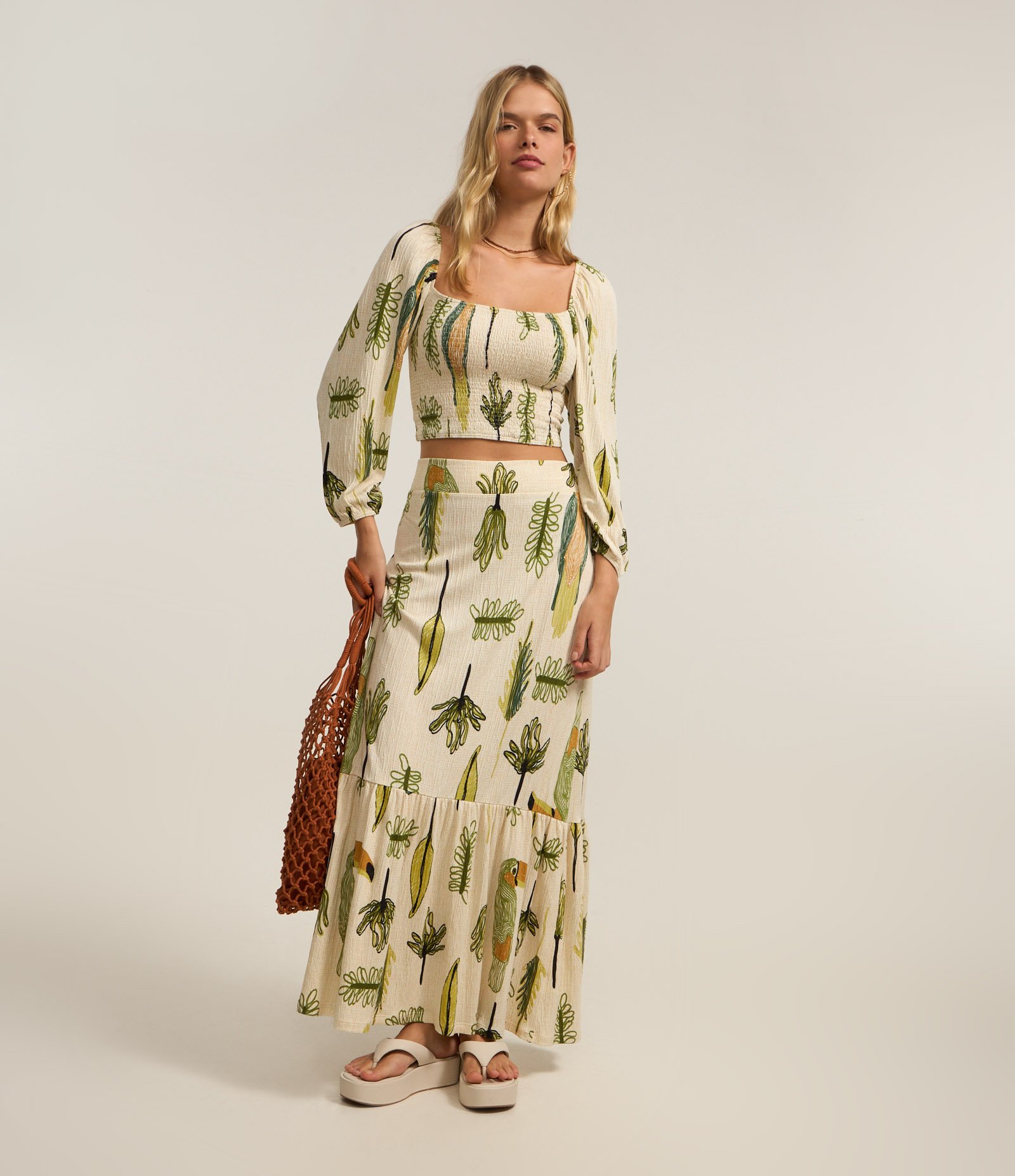 Saia New Midi em Viscose com Estampa Folhagem e Pássaro Off White 1
