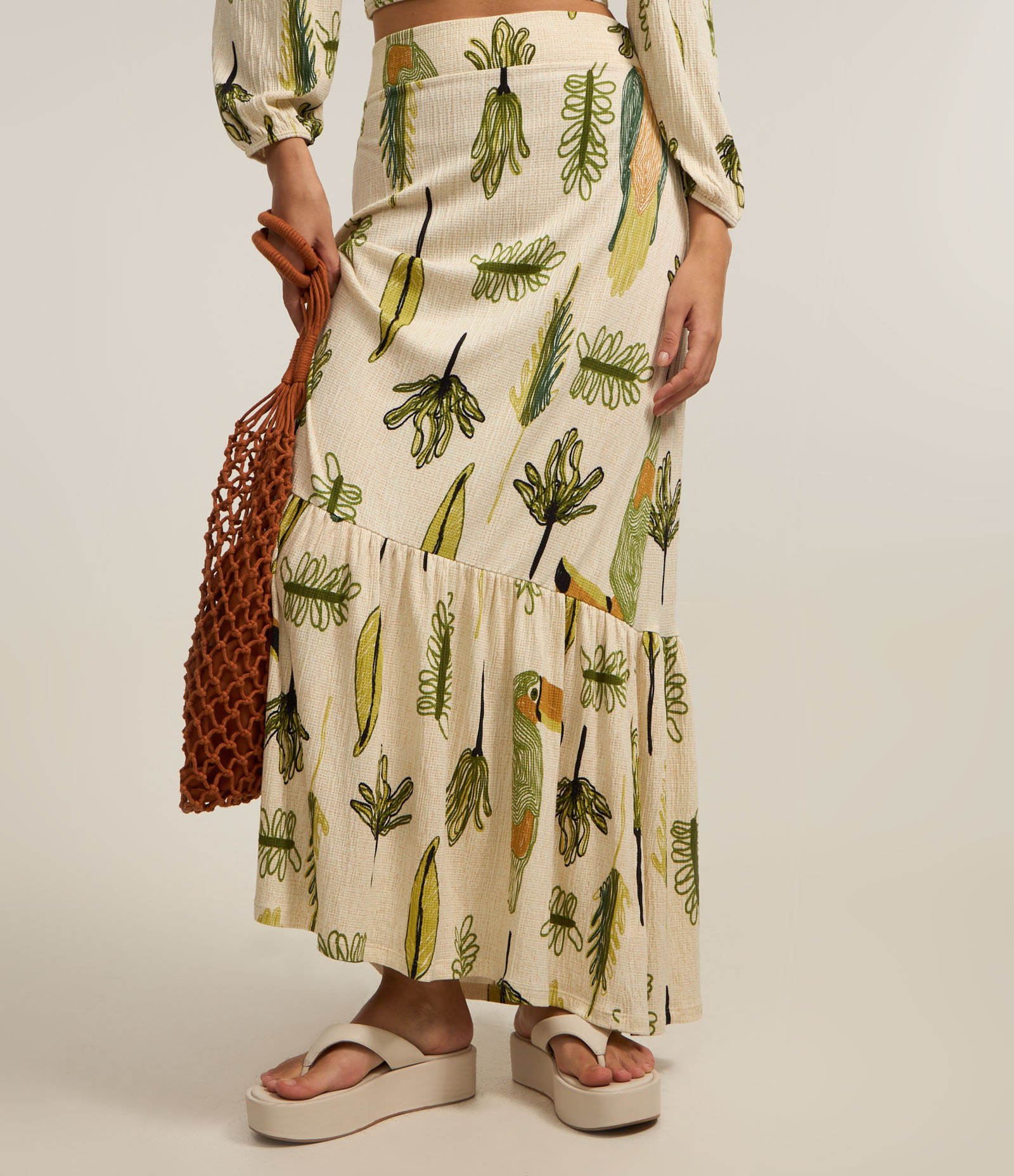 Saia New Midi em Viscose com Estampa Folhagem e Pássaro Off White 2