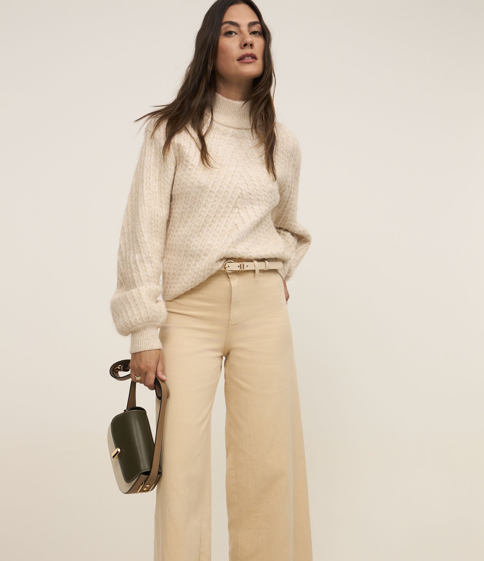 Calça Wide Leg Cropped em Jeans e Cintura Média Bege 2