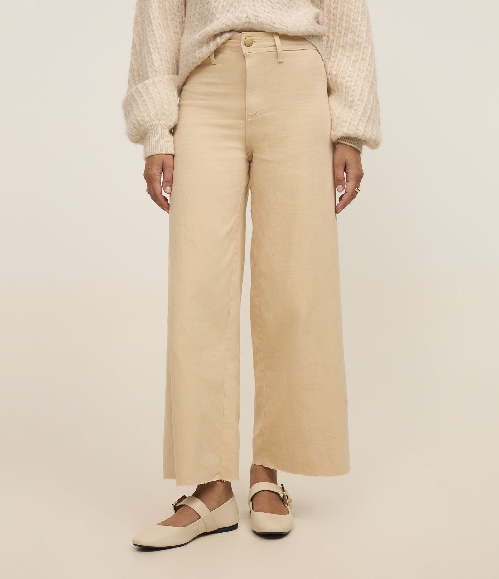 Calça Wide Leg Cropped em Jeans e Cintura Média Bege 3