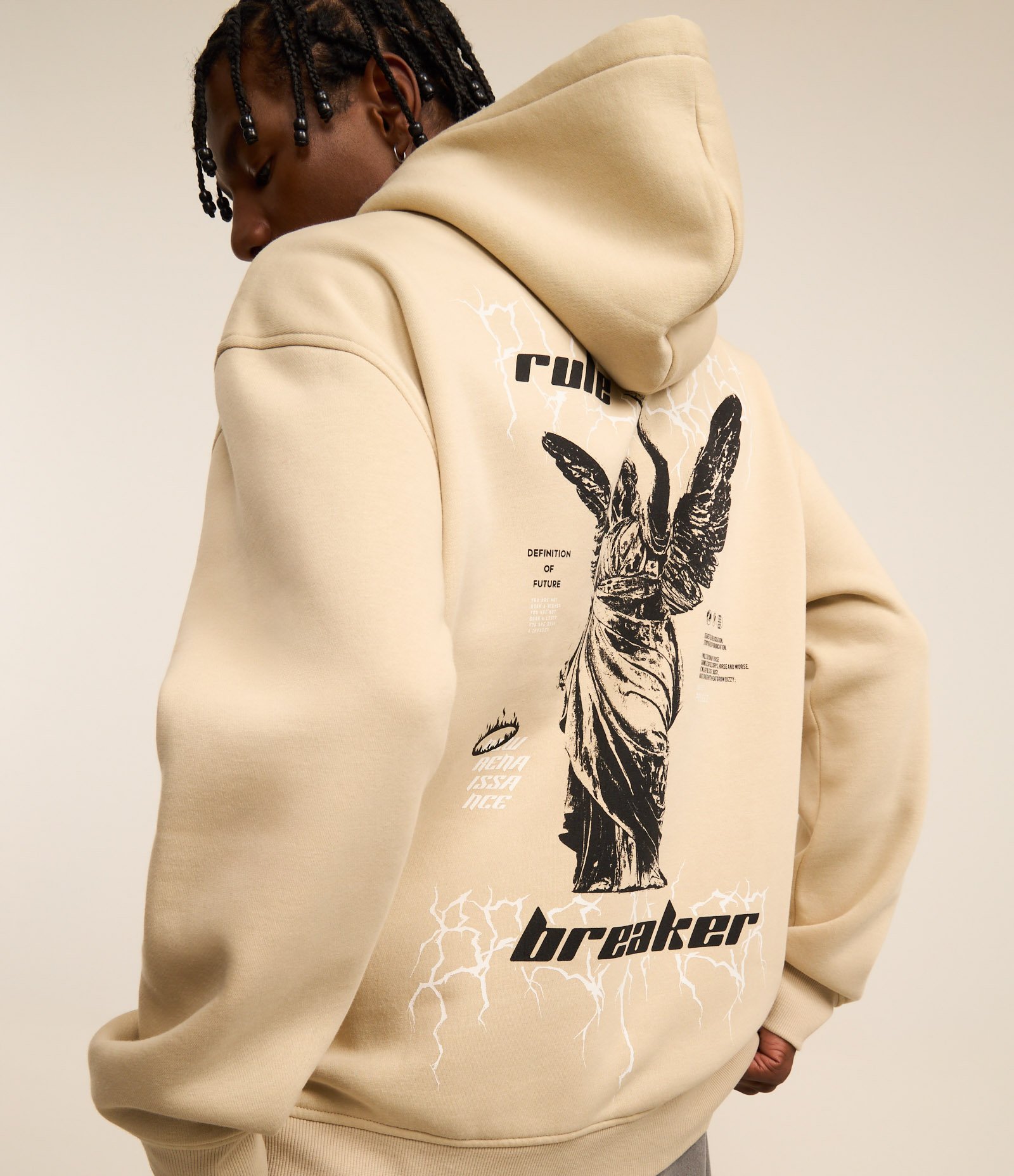 Moletom Relaxed com Capuz e Estampa de Estátua nas Costas Bege 3