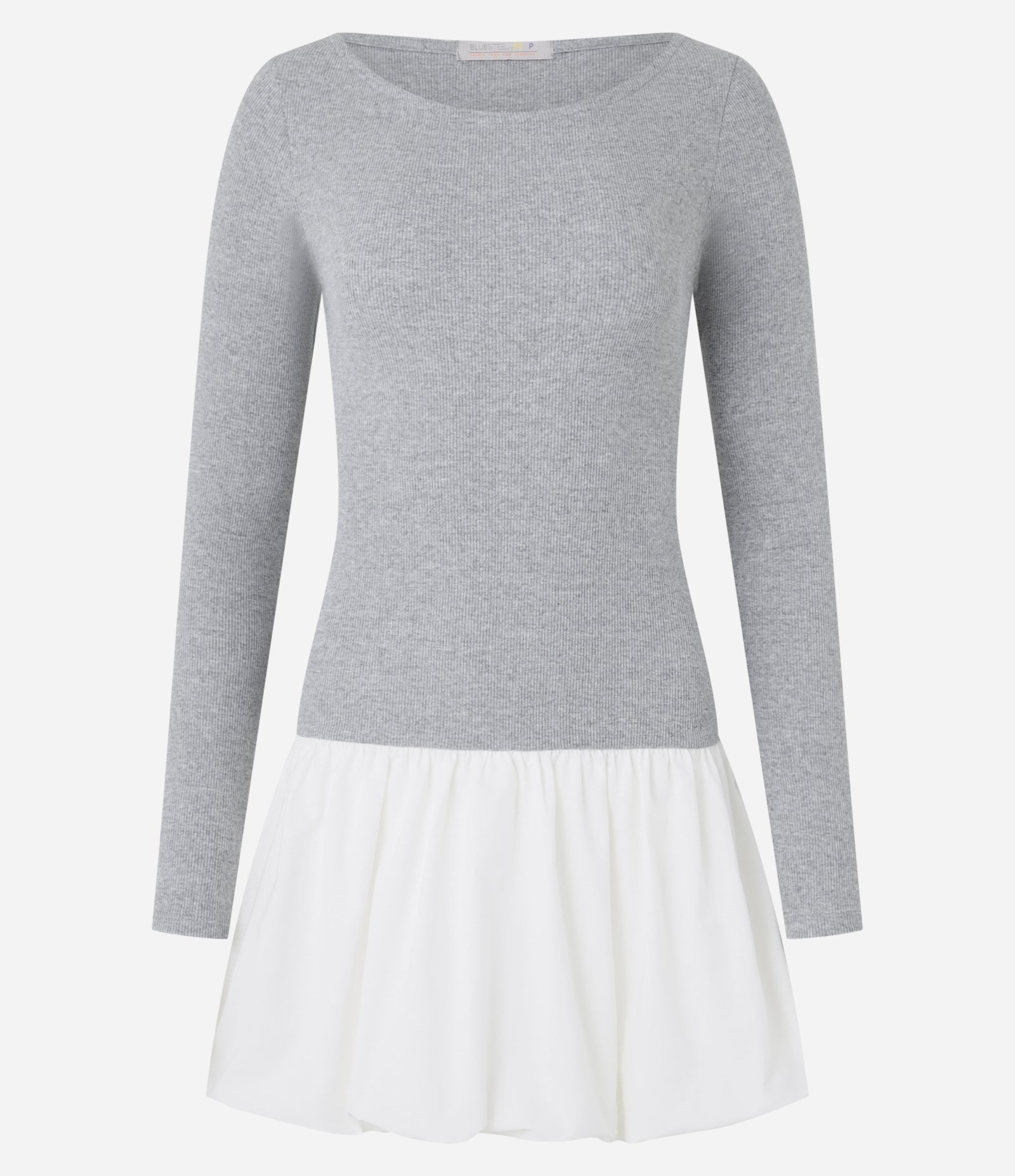 Vestido Curto Balonê Bicolor em Ribana Cinza Mescla/Branco 4