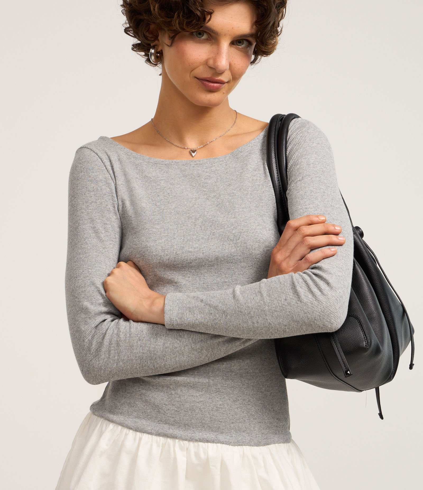 Vestido Curto Balonê Bicolor em Ribana Cinza Mescla/Branco 3