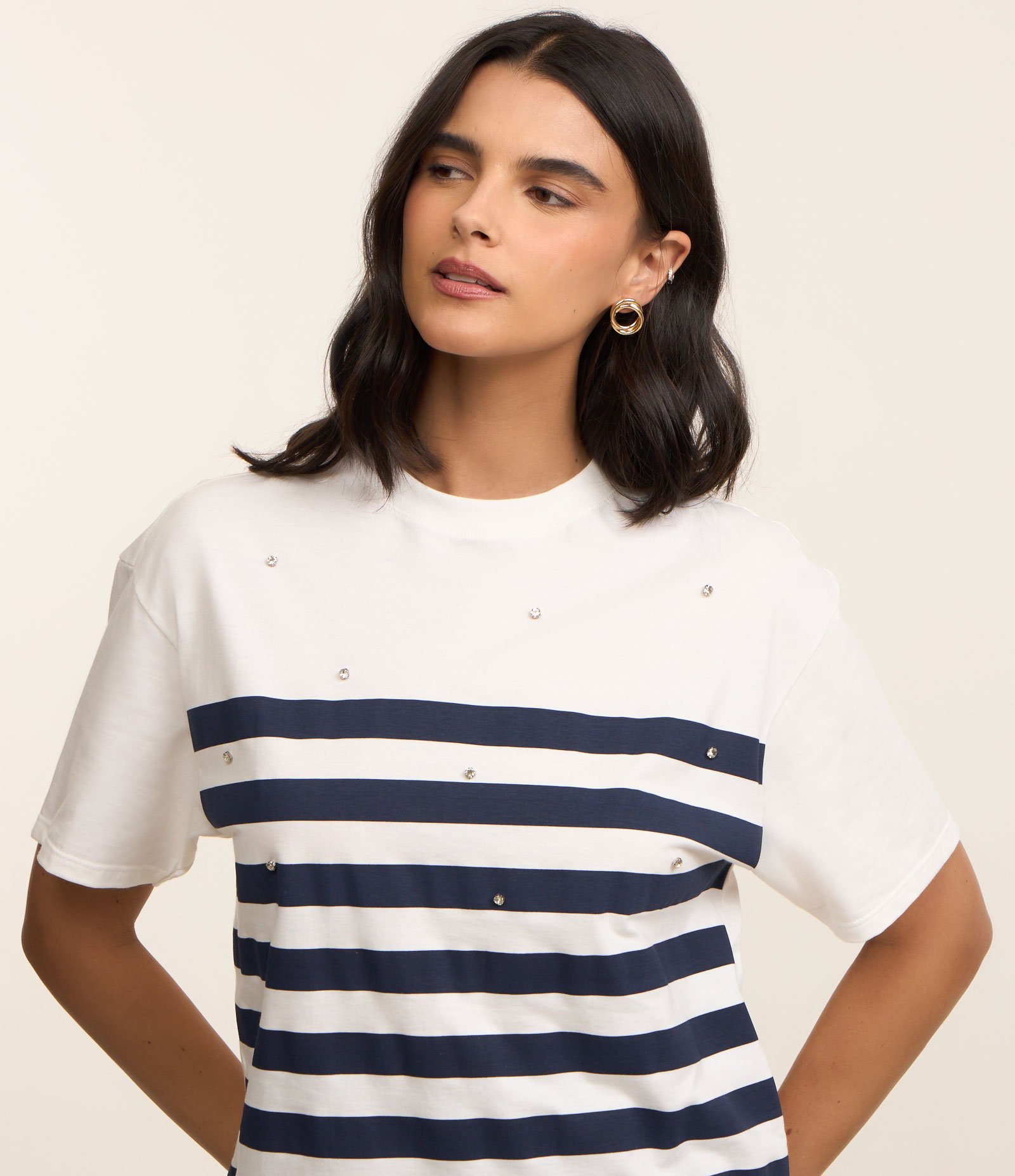Camisetaem Algodão com Estampa de Listras e Strass Branco 1
