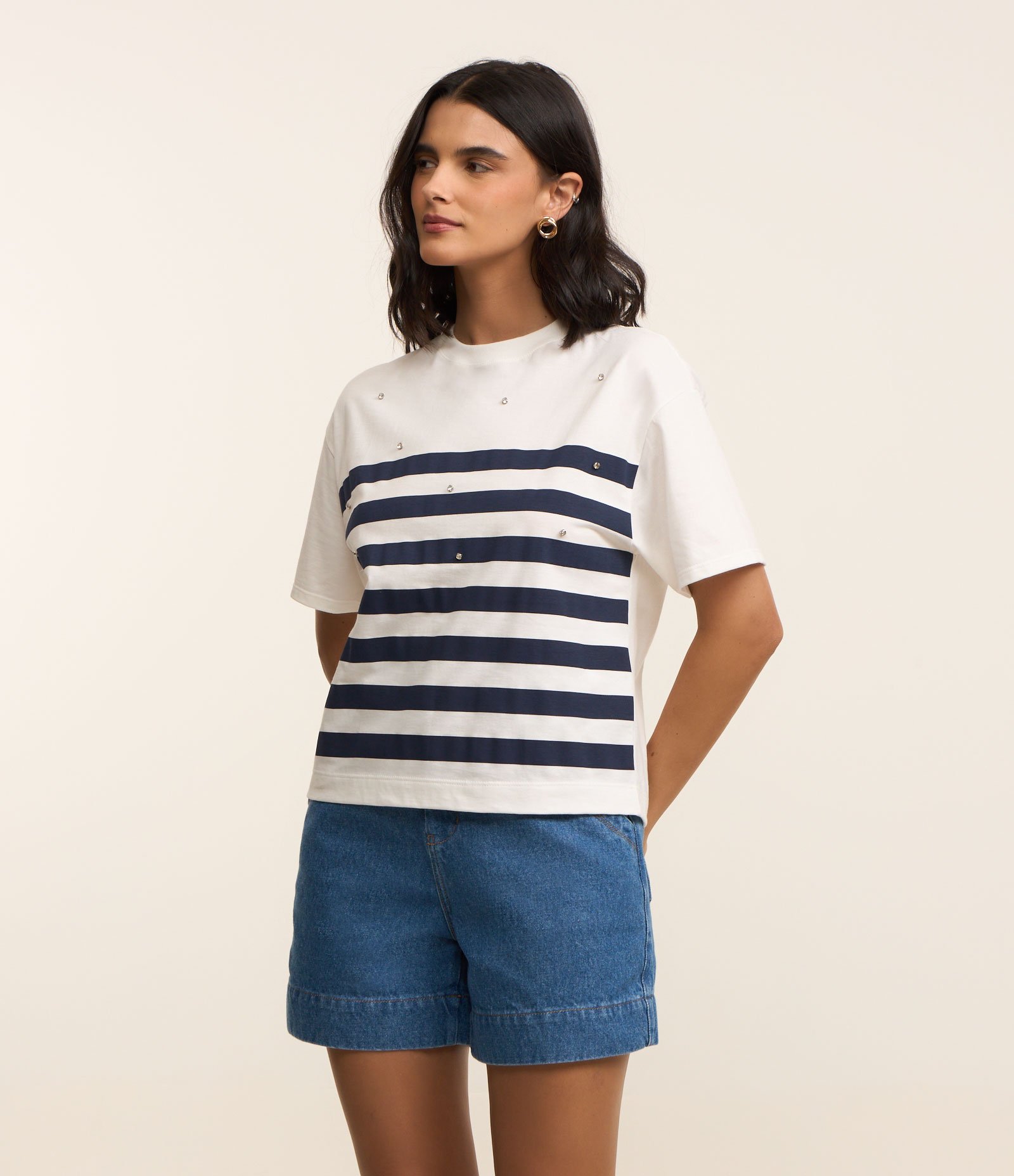 Camisetaem Algodão com Estampa de Listras e Strass Branco 2