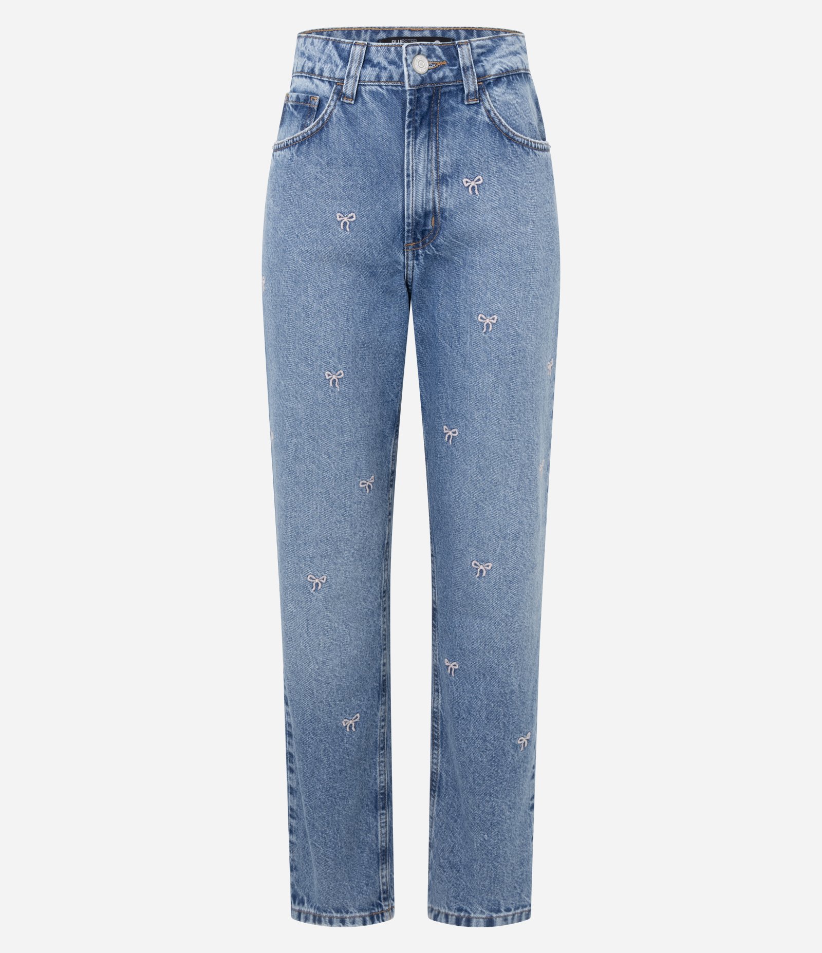 Calça Mom Comfort Jeans com Bordadinhos de Lacinhos Azul 1
