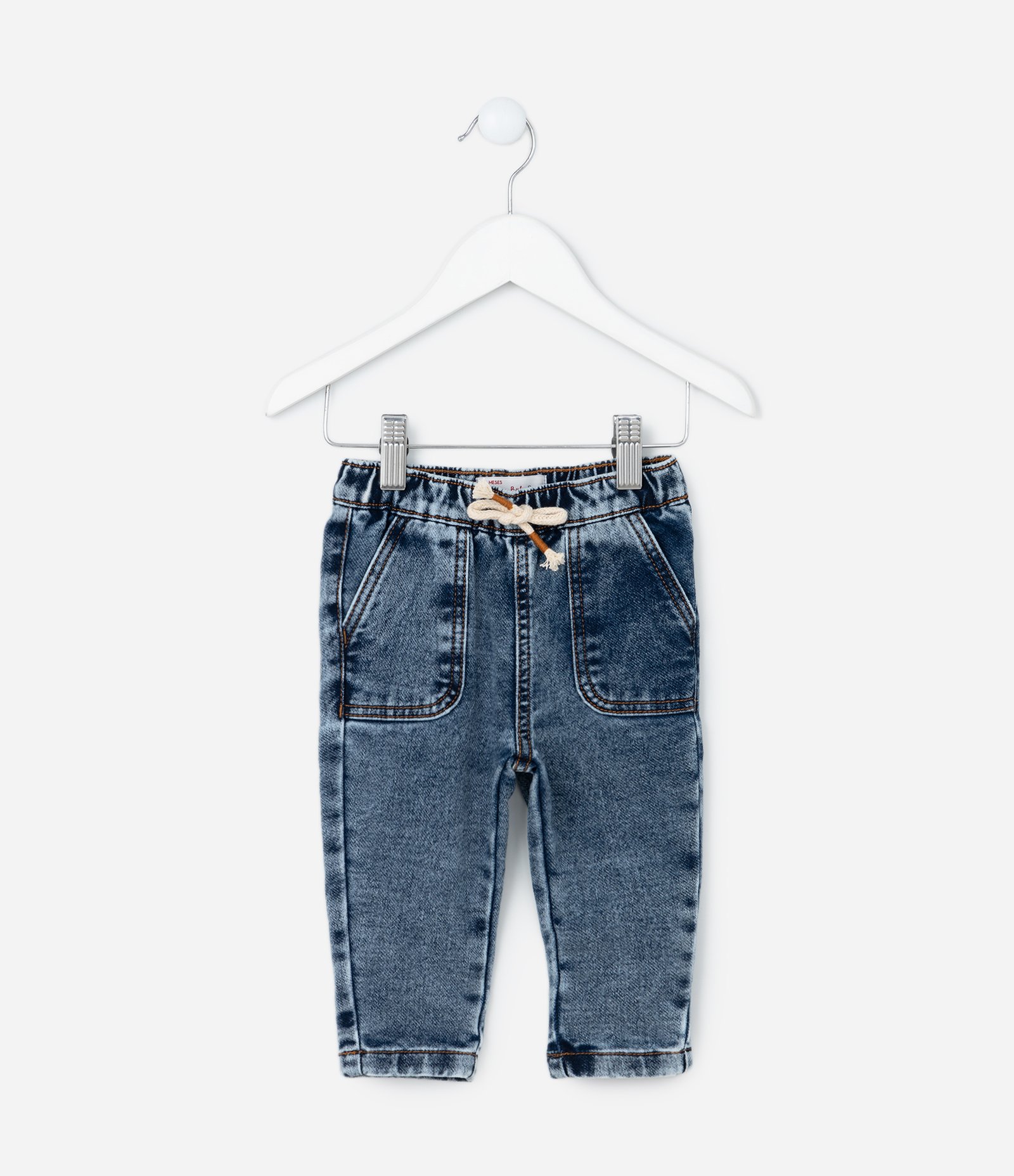Calça Infantil em Jeans Estonado com Cordão - Tam 0 a 18 meses Azul 1