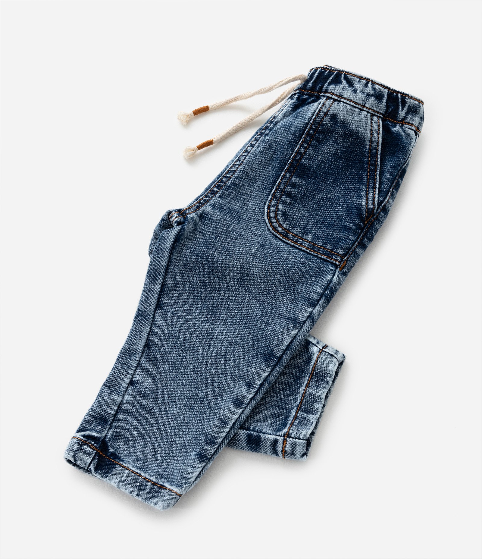 Calça Infantil em Jeans Estonado com Cordão - Tam 0 a 18 meses Azul 4