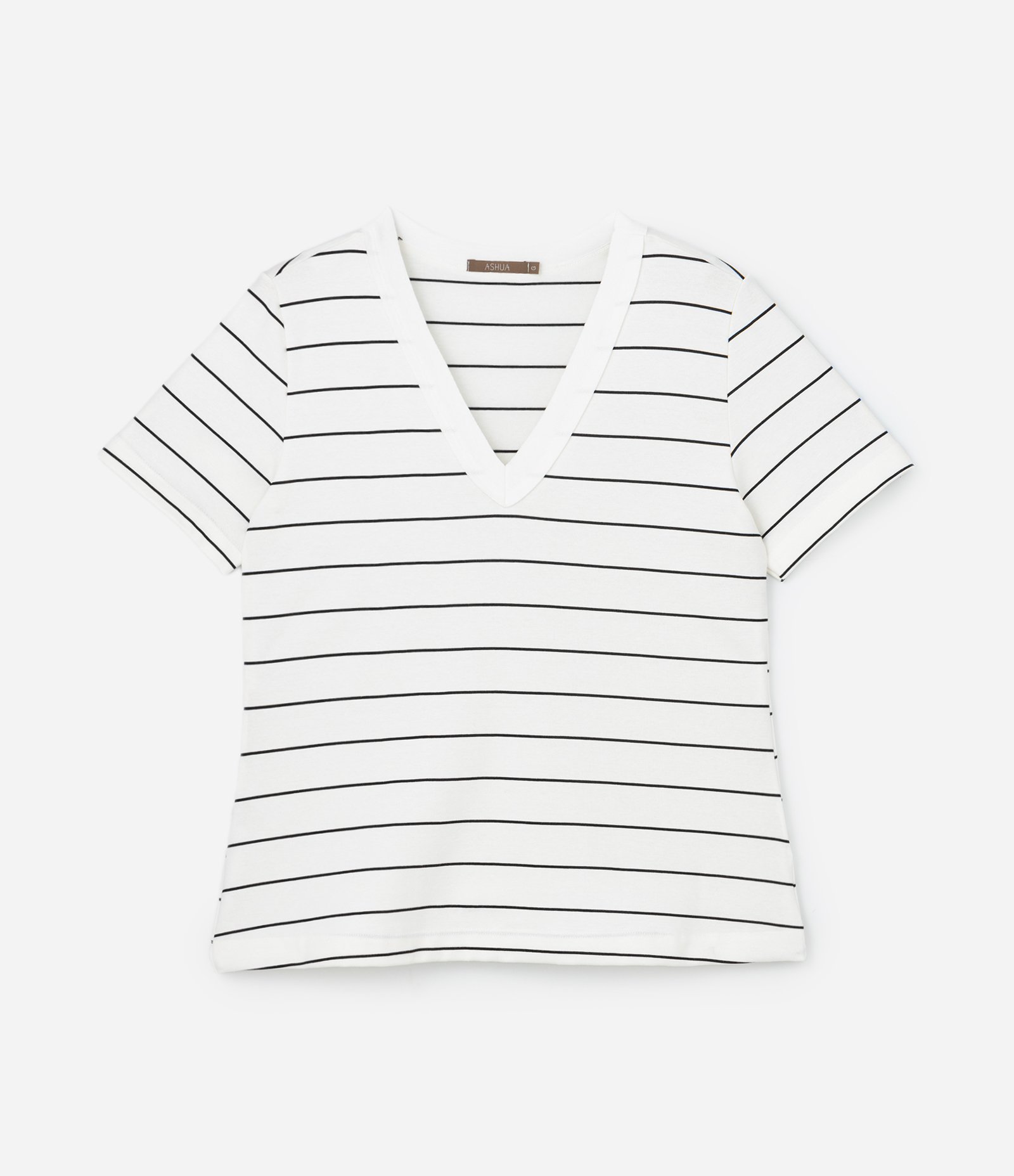 Blusa em Ribana Listrada com Gola V Curve & Plus Size Branco 3