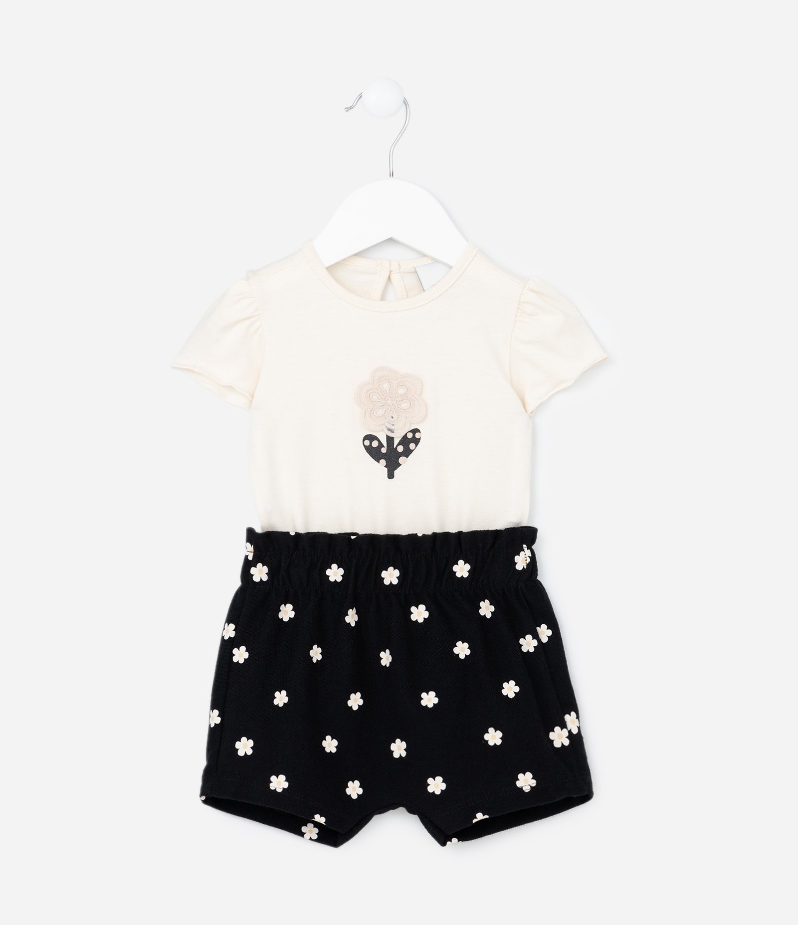 Conjunto Infantil com Estampa Florzinhas - Tam 0 a 18 meses Bege/Preto 2