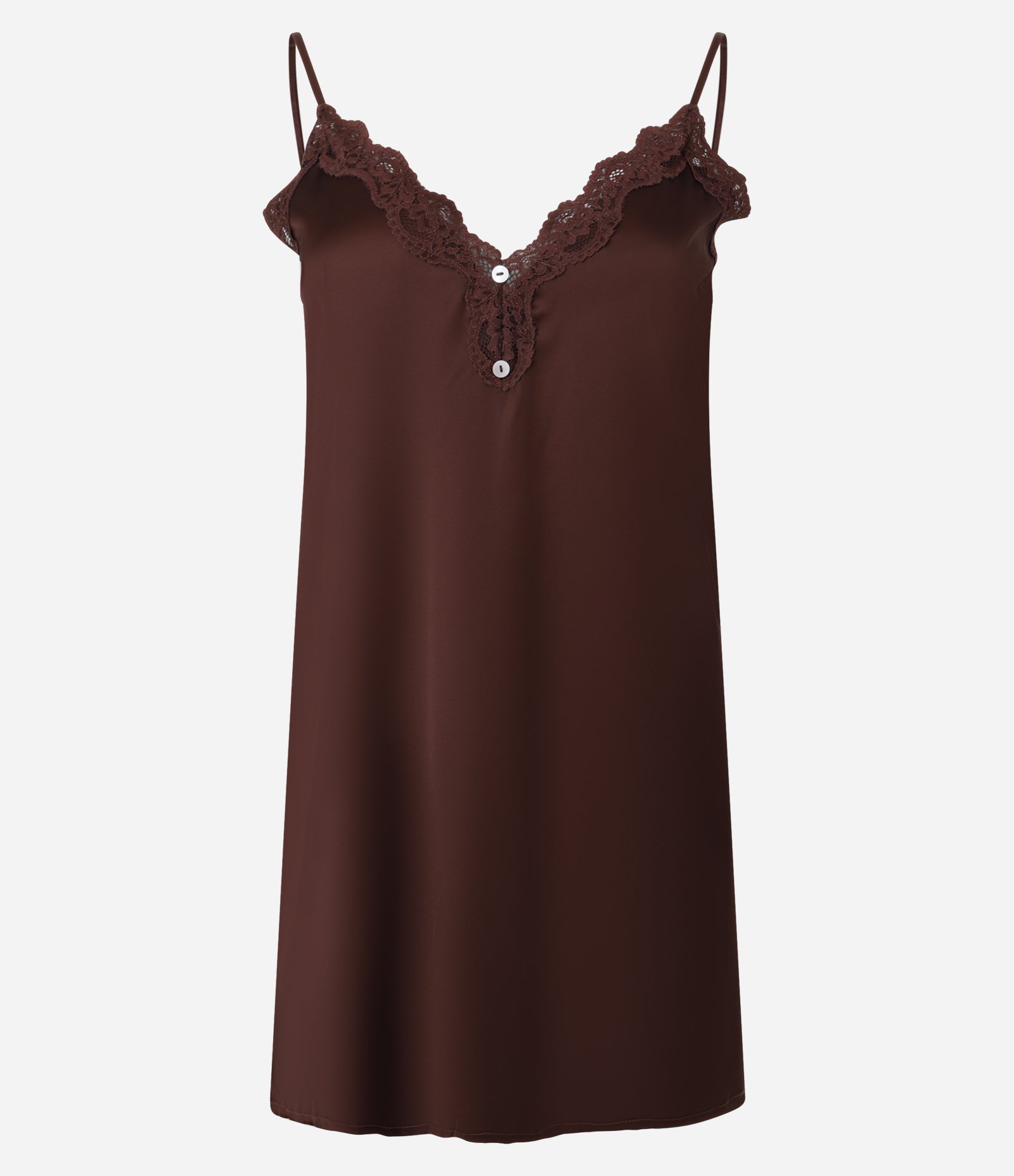 Camisola Curta em Cetim com Rendinha e Botões Marrom 4