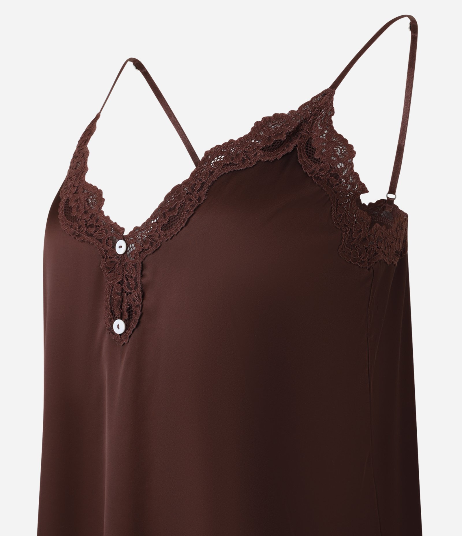 Camisola Curta em Cetim com Rendinha e Botões Marrom 5