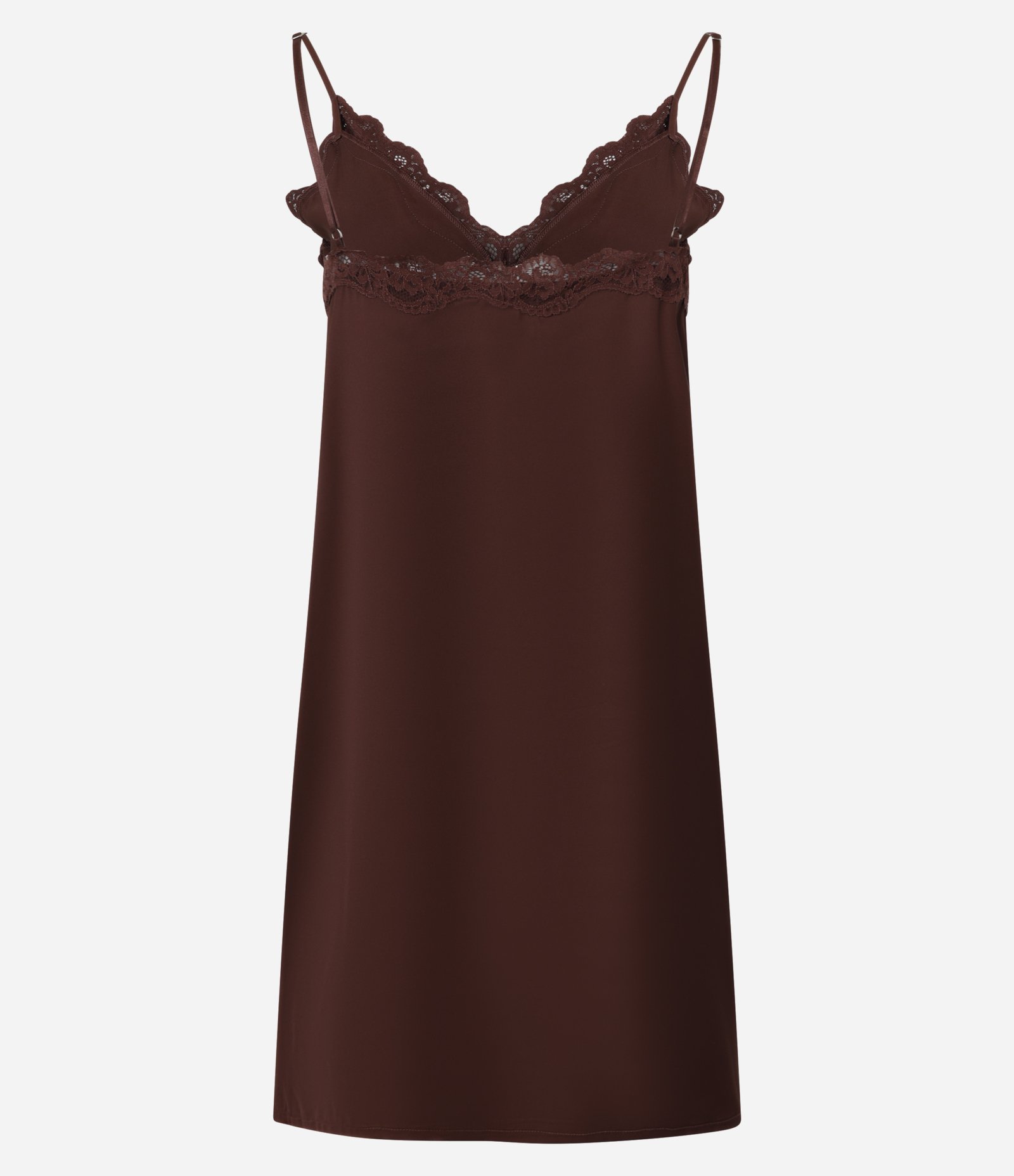 Camisola Curta em Cetim com Rendinha e Botões Marrom 6