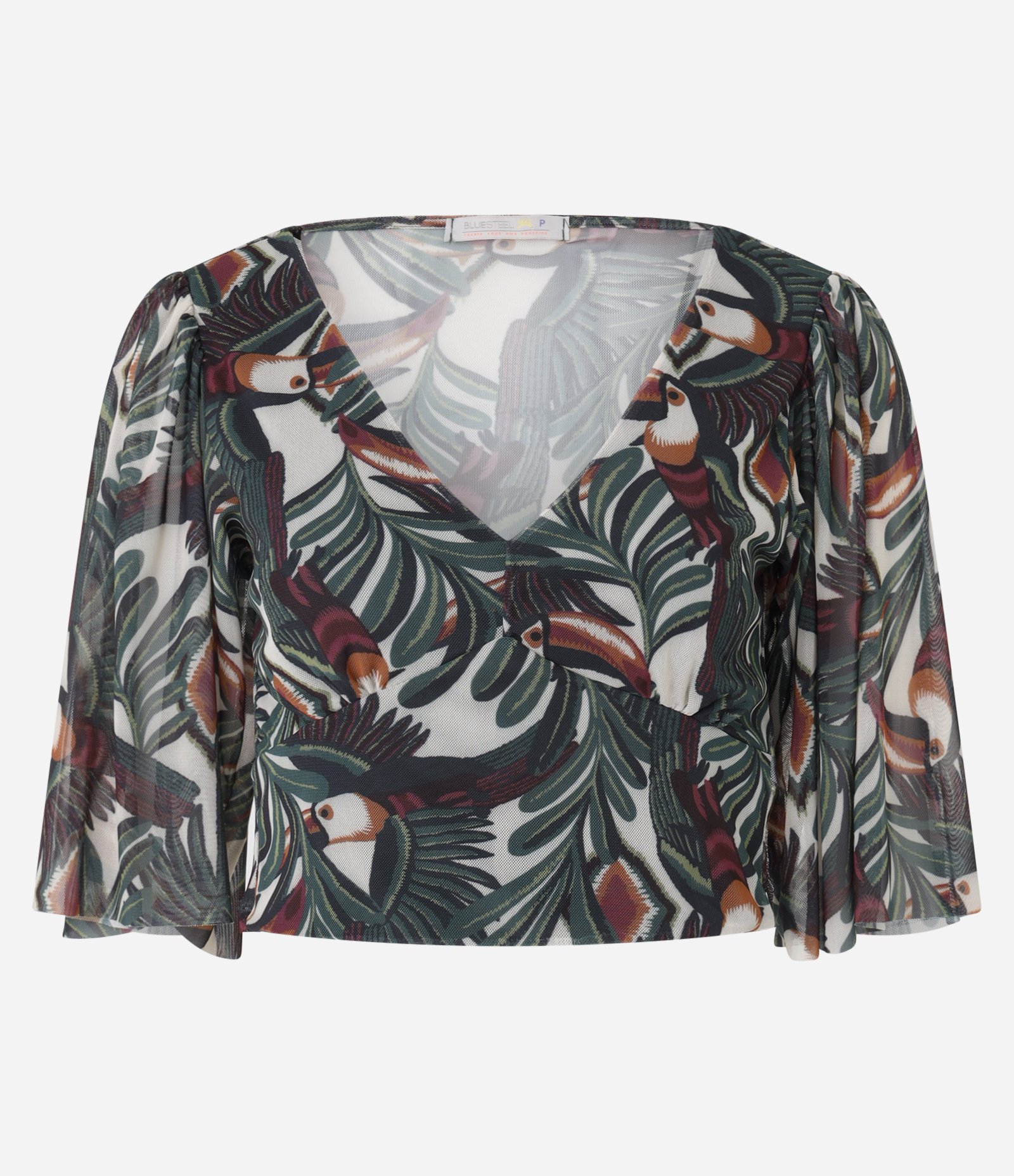 Blusa Cropped em Tule com Estampa Tropical e Mangas Amplas Verde 5