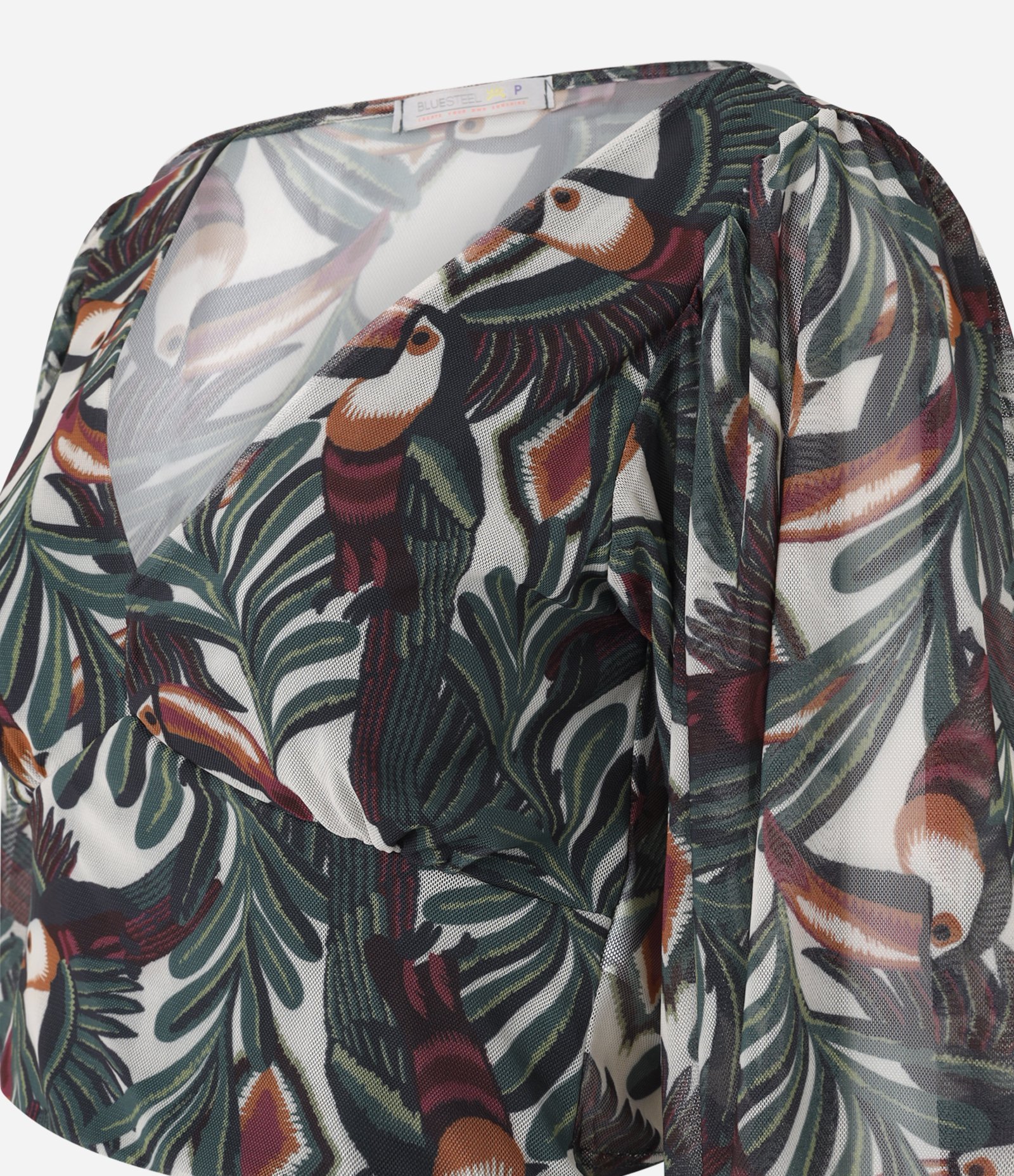 Blusa Cropped em Tule com Estampa Tropical e Mangas Amplas Verde 6