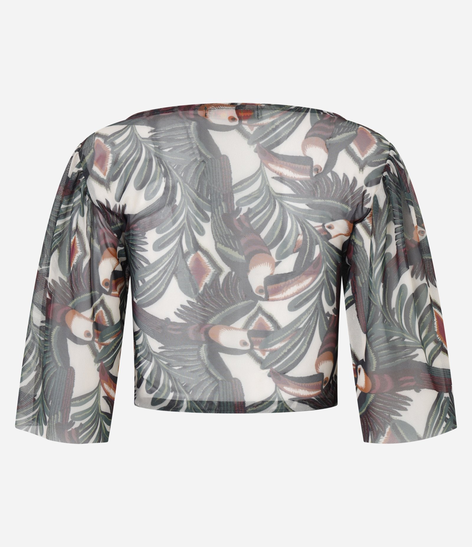 Blusa Cropped em Tule com Estampa Tropical e Mangas Amplas Verde 7