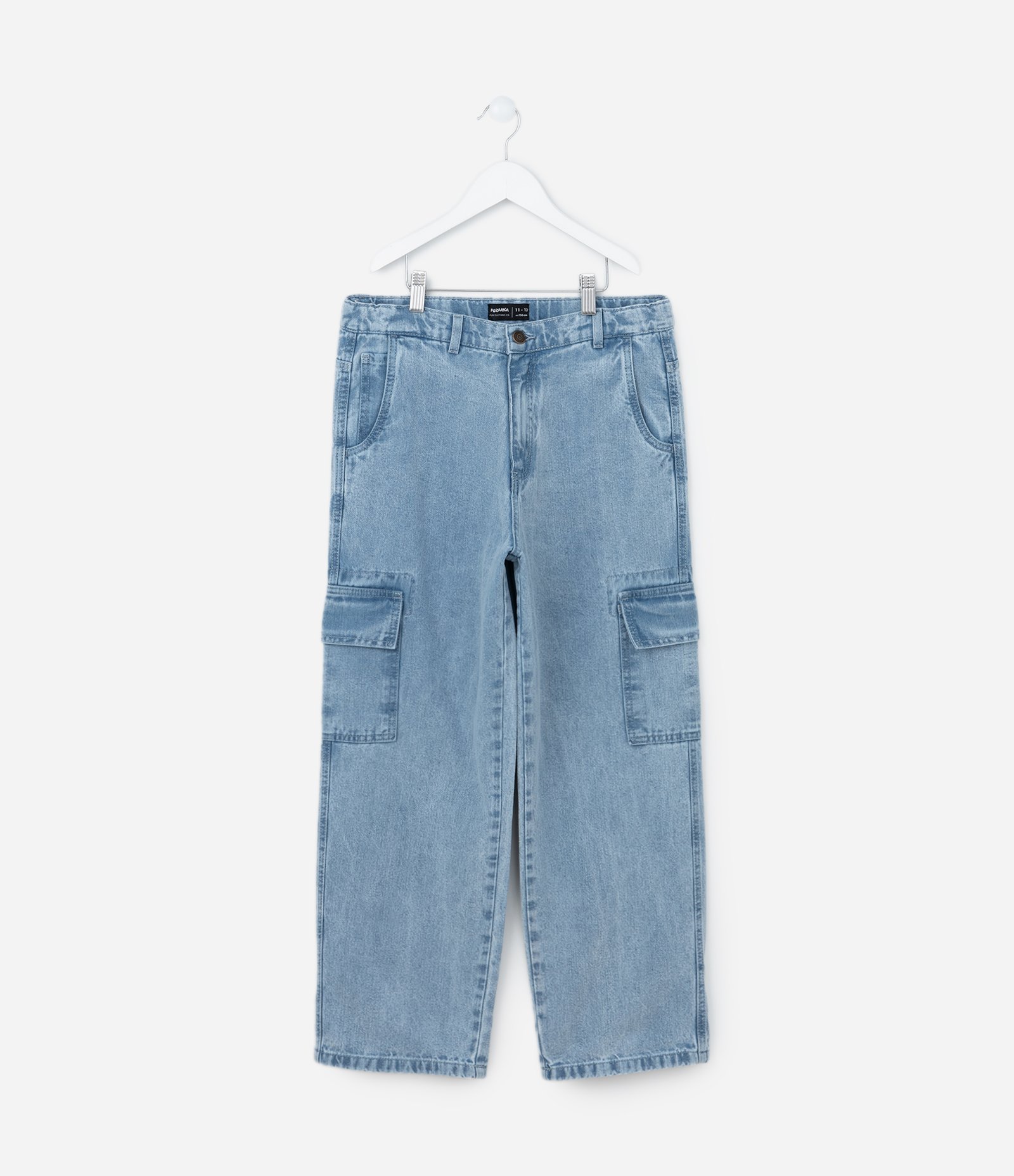 Calça Baggy Infantil em Jeans com Bolsos Cargo - Tam 5 a 14 Anos Azul Claro 1