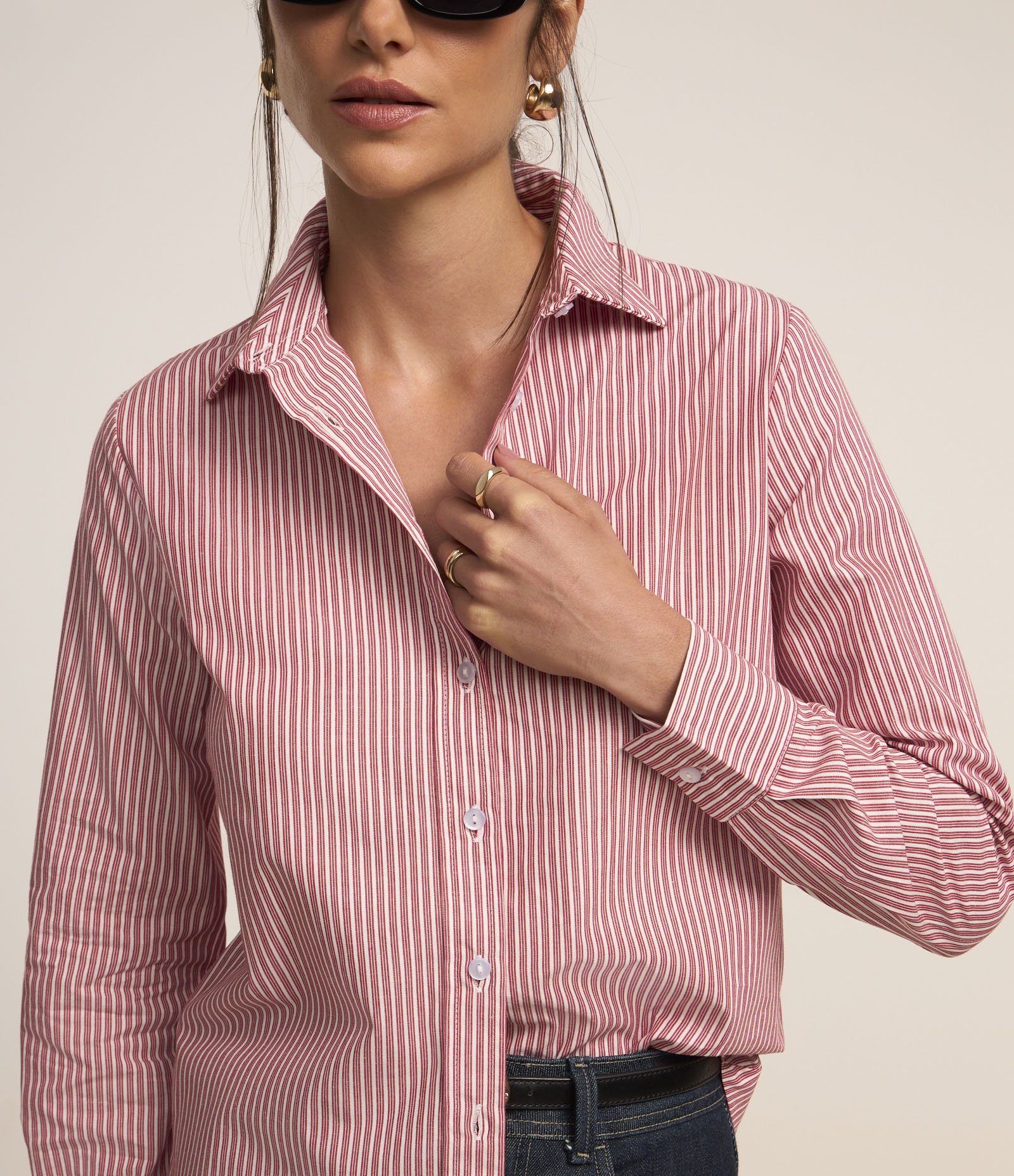 Camisa em Tricoline com Estampa Listrada Fio Tinto Vermelho 5