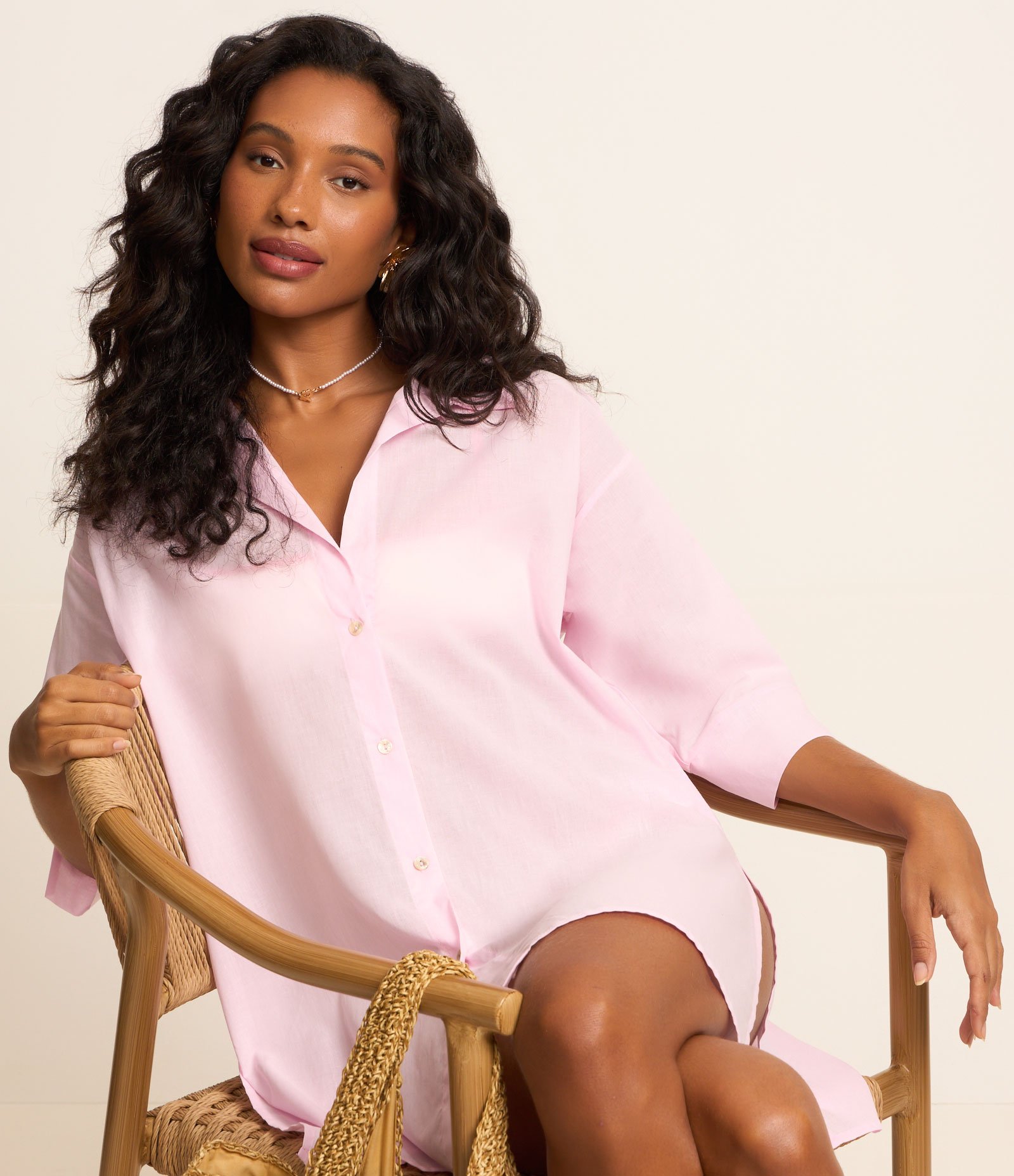 Saída de Praia Camisa em Voil com Manga 3/4 e Abotoamento Rosa 3