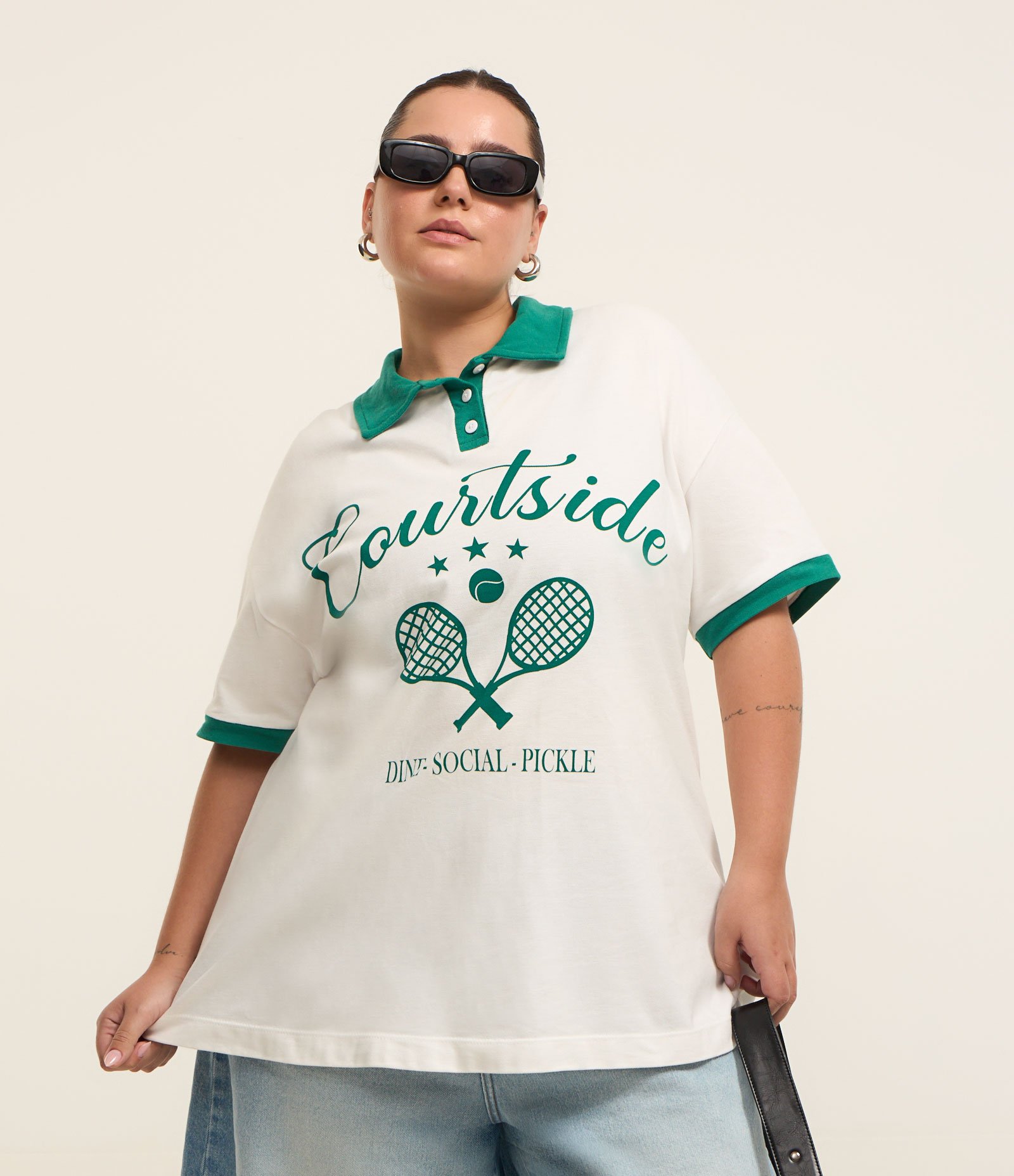Camiseta Polo Piquet Estampada Courtside Curve & Plus Size Branco/Verde 1