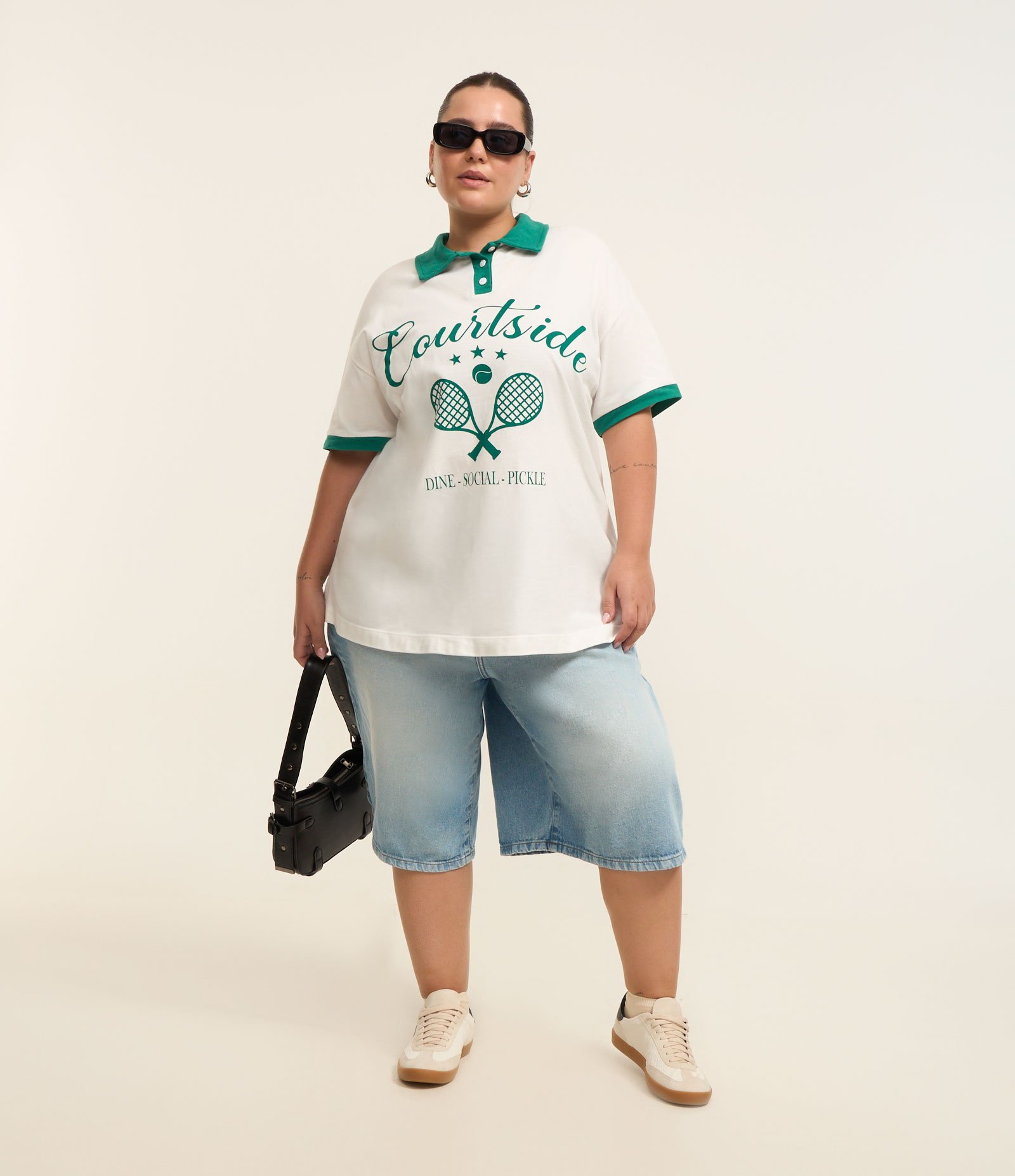 Camiseta Polo Piquet Estampada Courtside Curve & Plus Size Branco/Verde 2