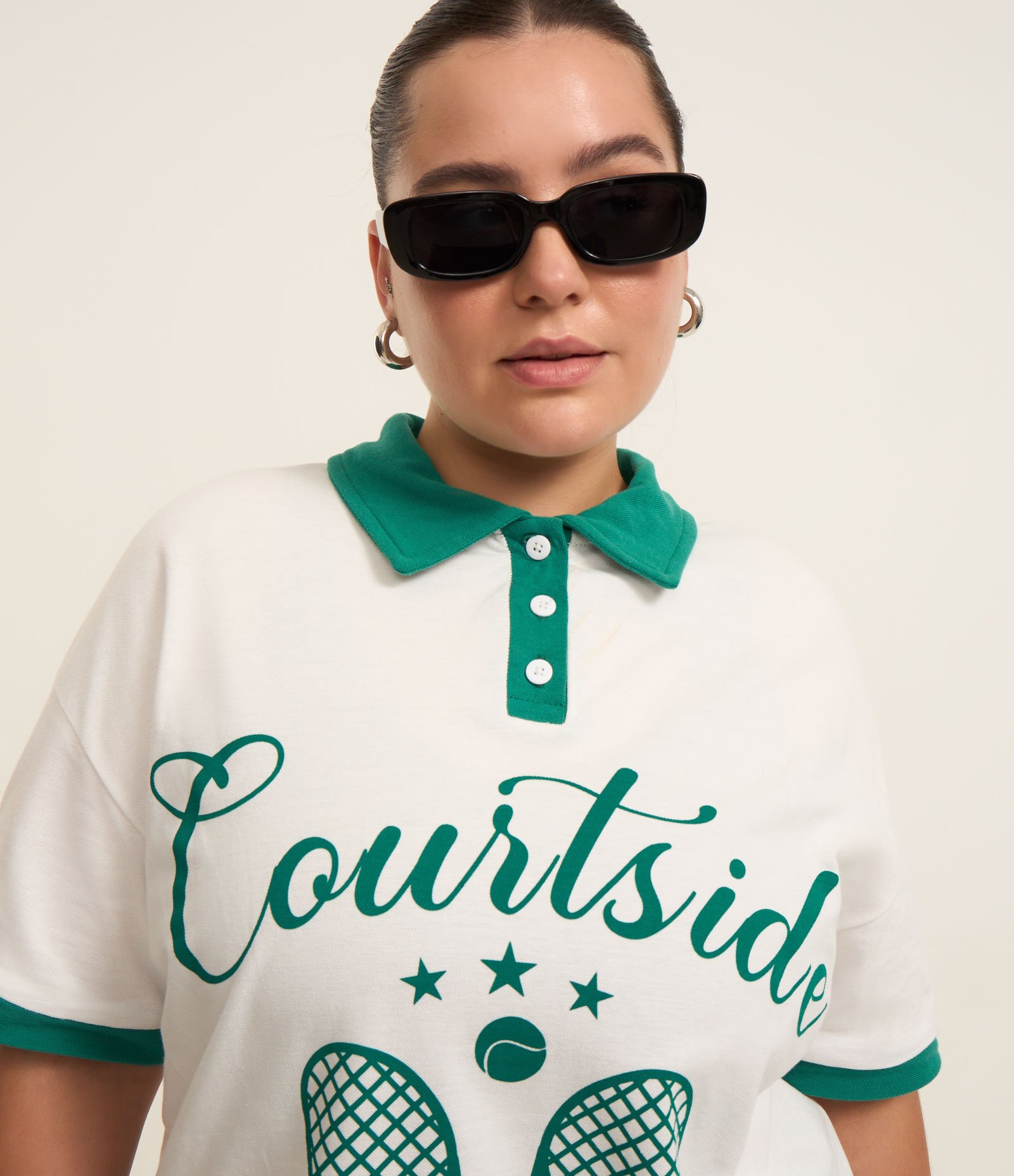 Camiseta Polo Piquet Estampada Courtside Curve & Plus Size Branco/Verde 3