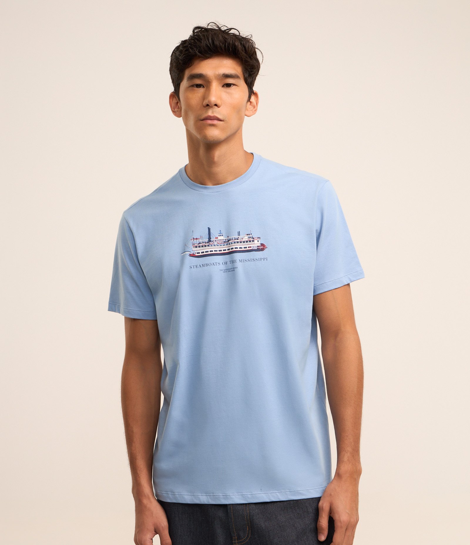 Camiseta em Algodão com Estampa de Barco Azul 1