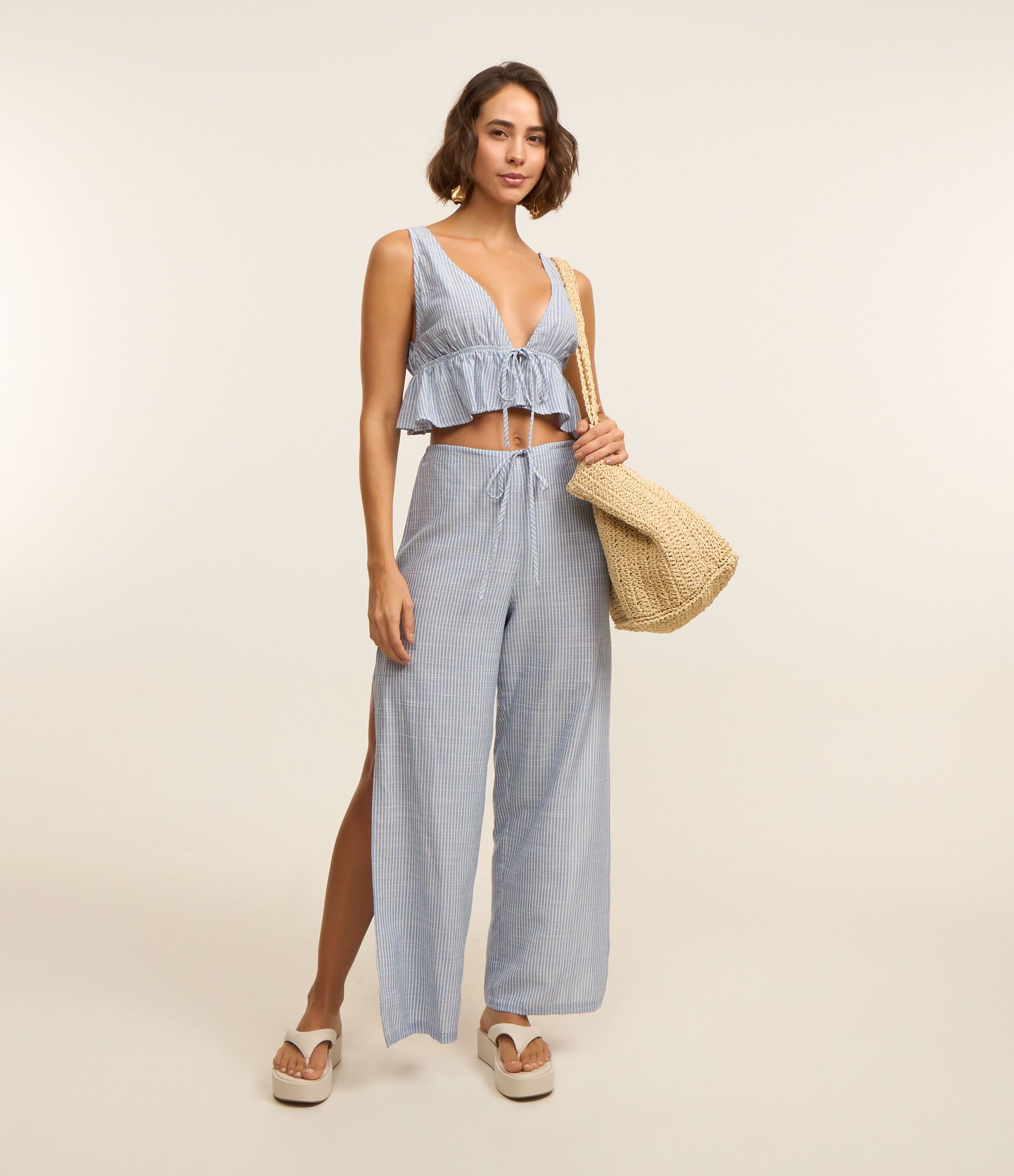 Saída de Praia Calça em Viscose com Amarração na Cintura Azul 1