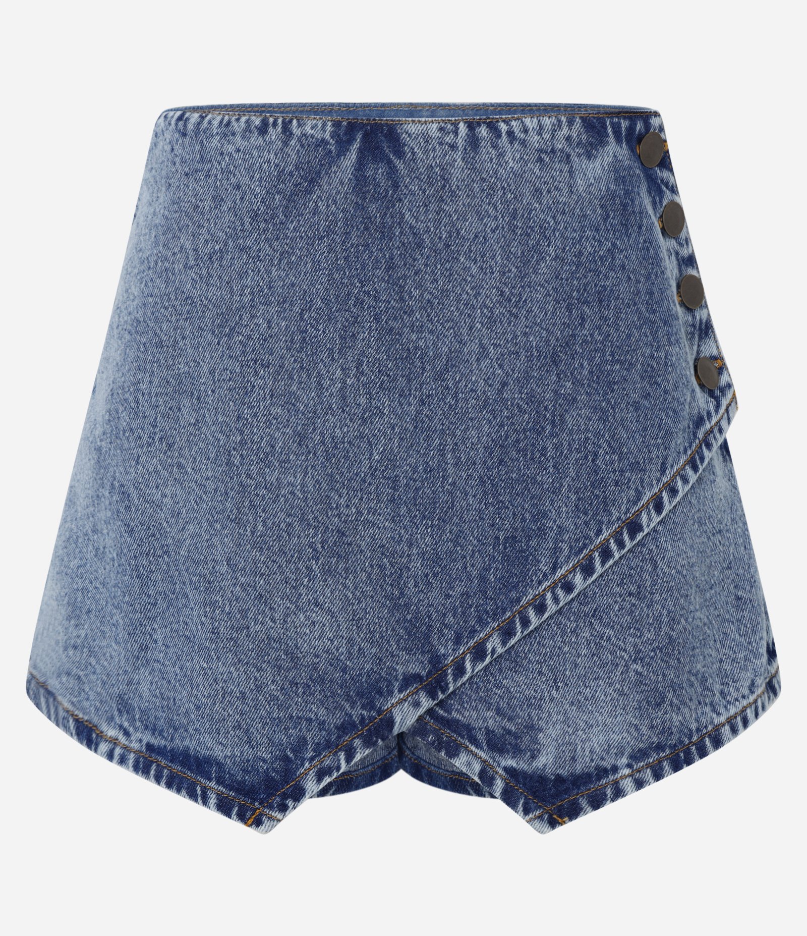 Short Saia em Jeans com Fechamento de Botões e Barra Assimétrica Azul 5
