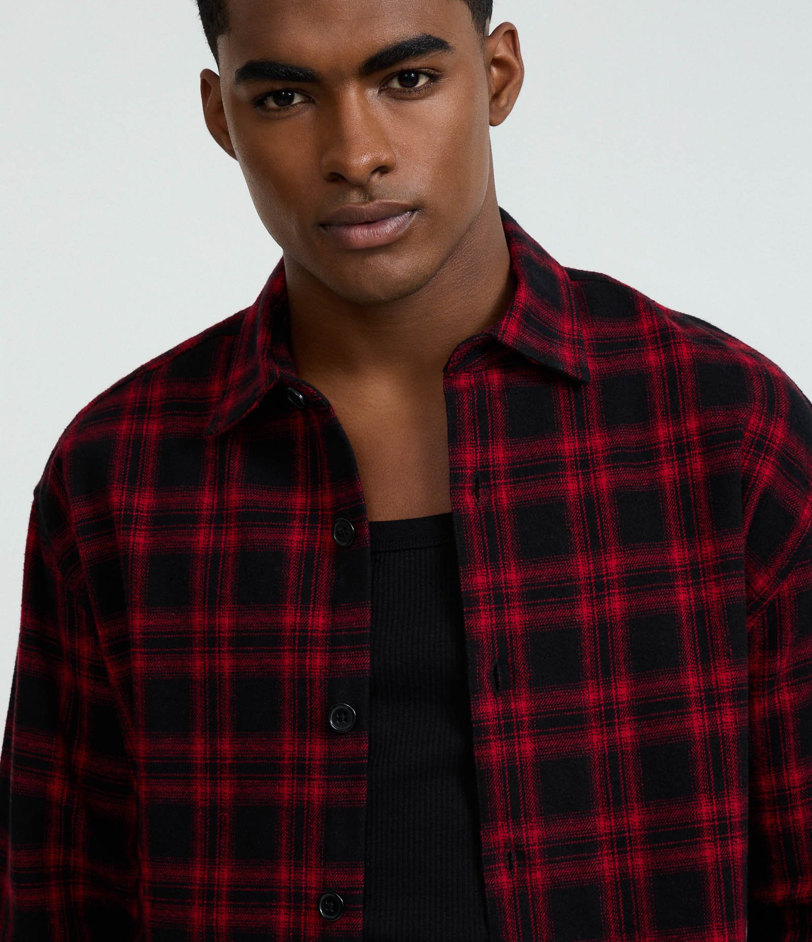 Camisa Boxy em Flanela com Estampa Xadrez e Manga Longa Preto/Vermelho 4