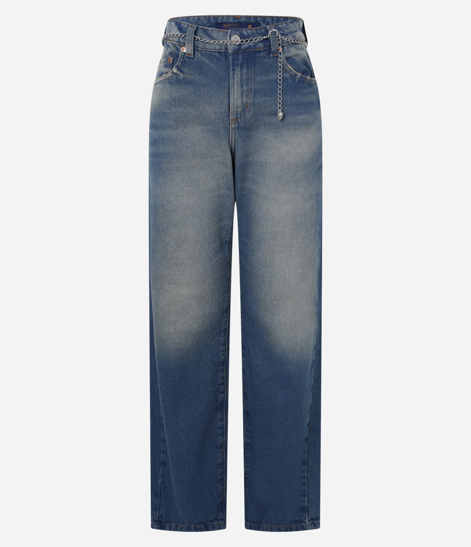 Calça Reta em Jeans Dirty com Cinto de Corrente Azul 1