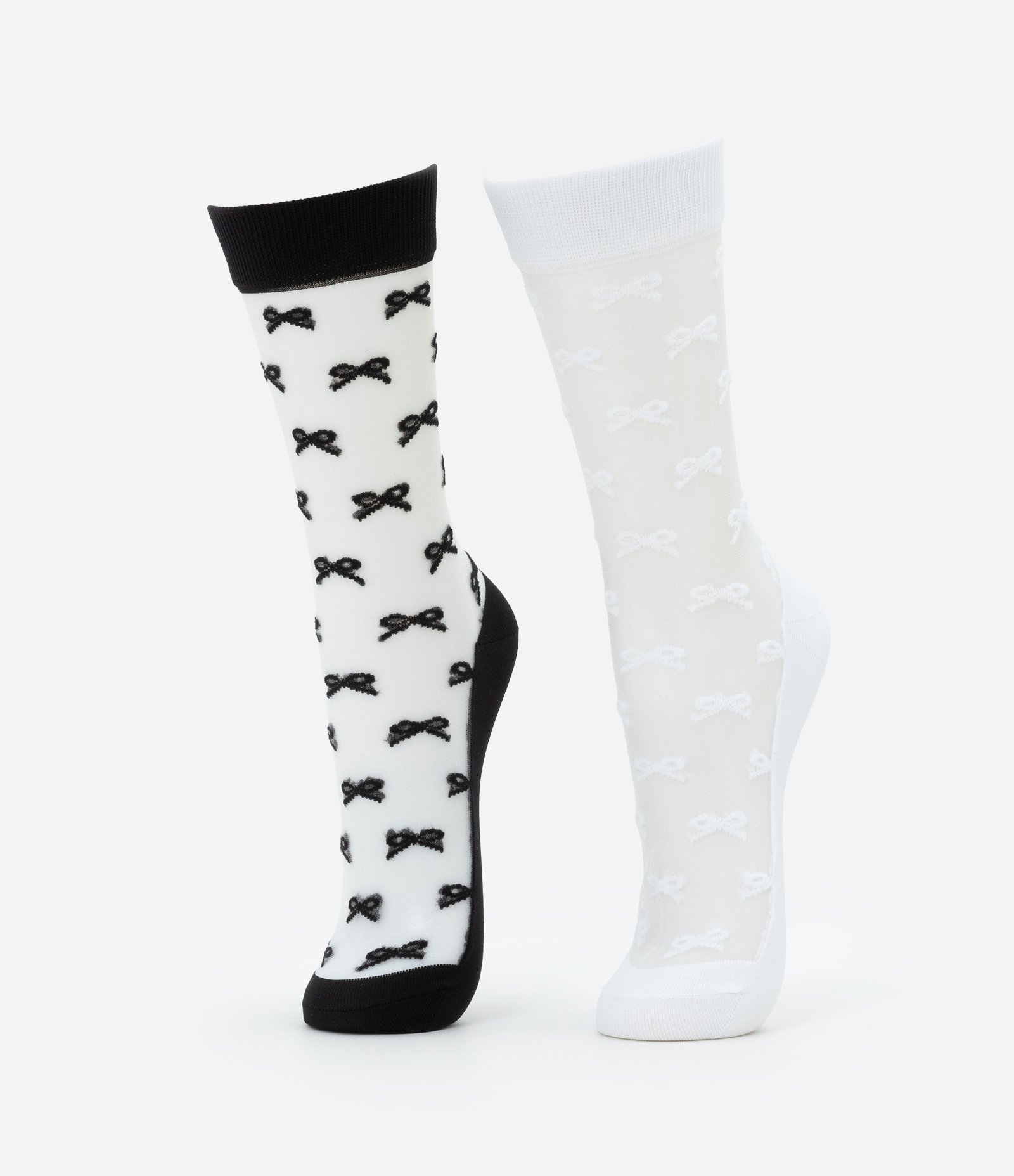 Kit 02 Meias Cano Alto com Transparência e Textura de Lacinhos Preto/Branco 1