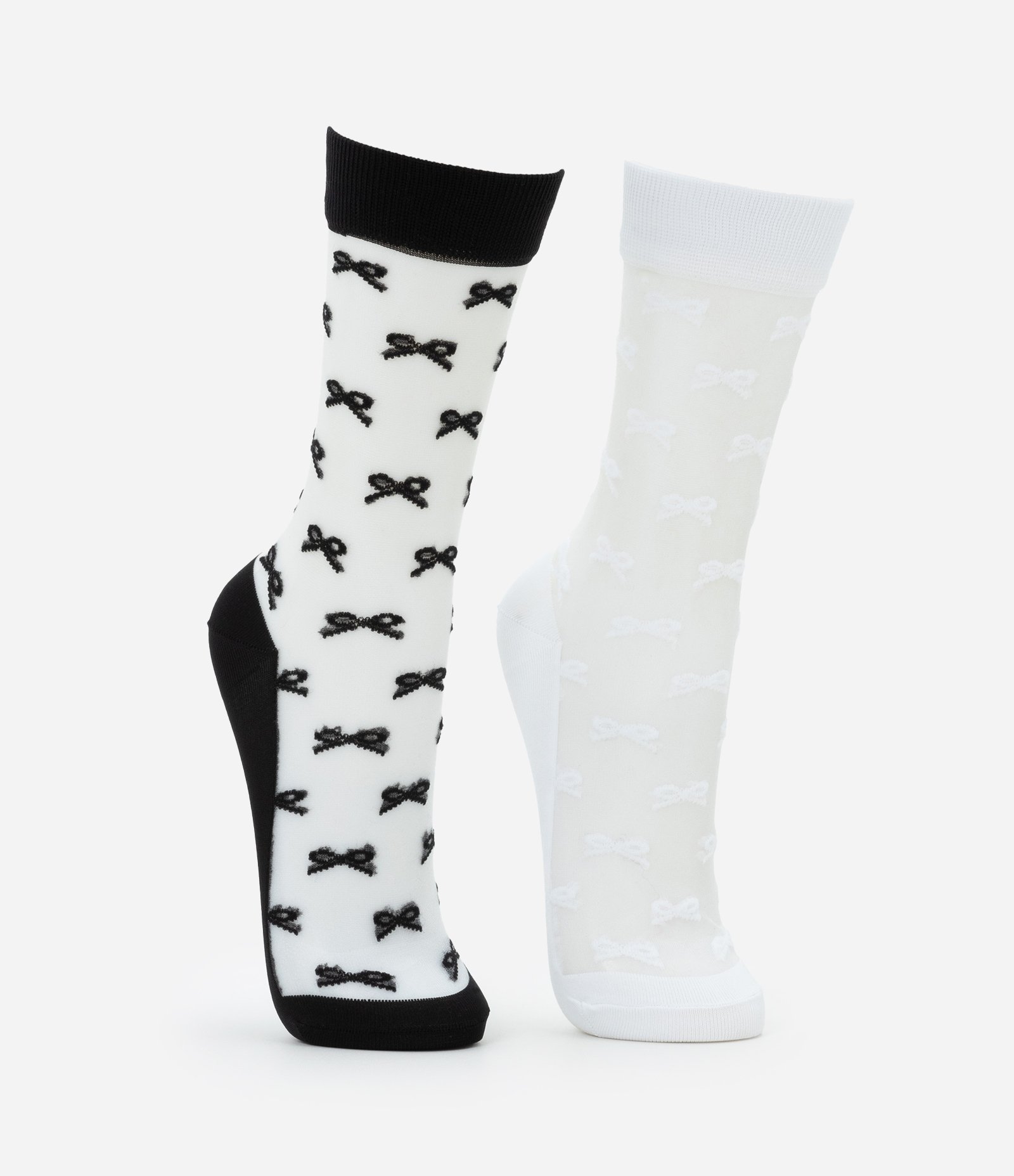 Kit 02 Meias Cano Alto com Transparência e Textura de Lacinhos Preto/Branco 2