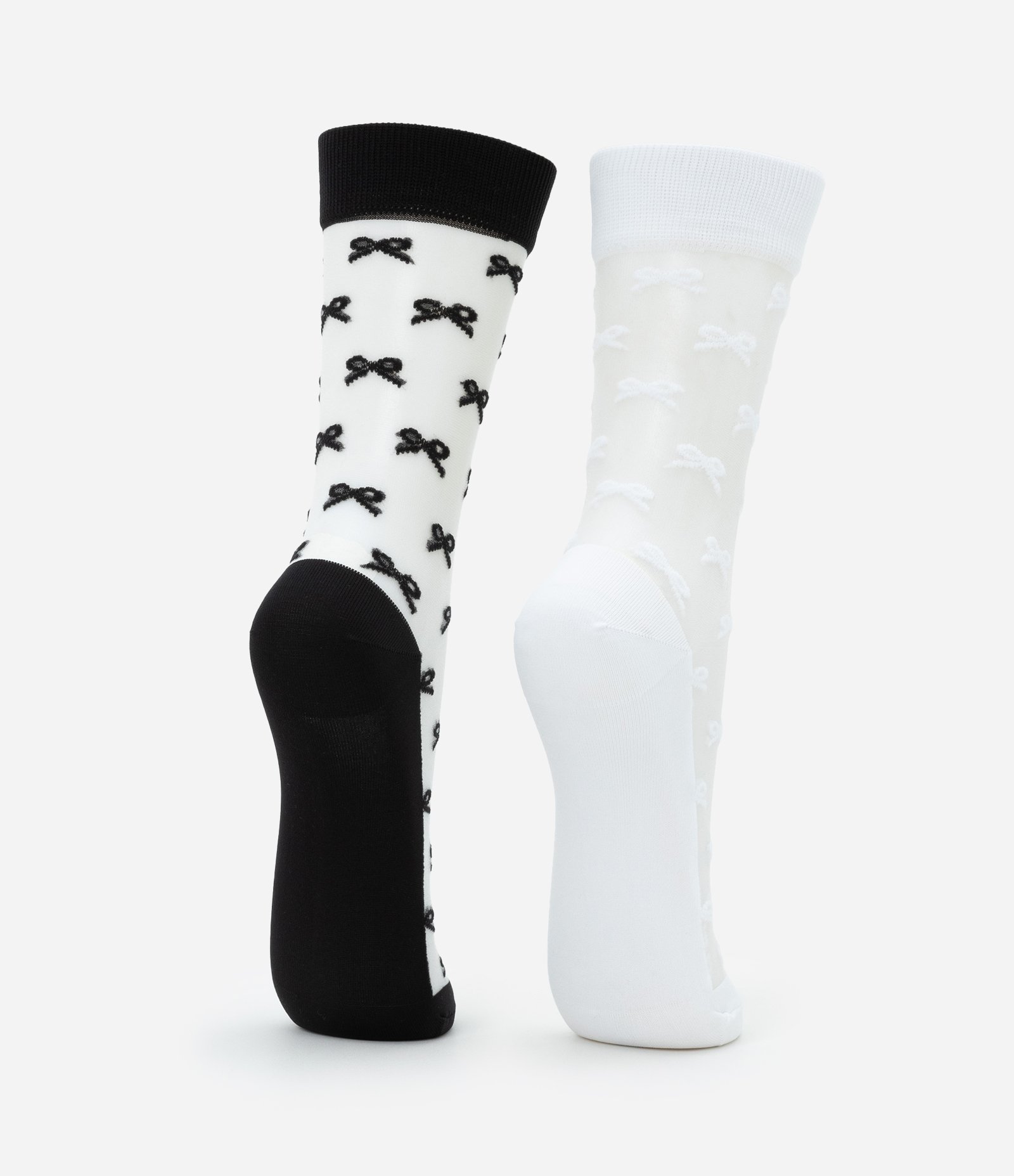Kit 02 Meias Cano Alto com Transparência e Textura de Lacinhos Preto/Branco 3