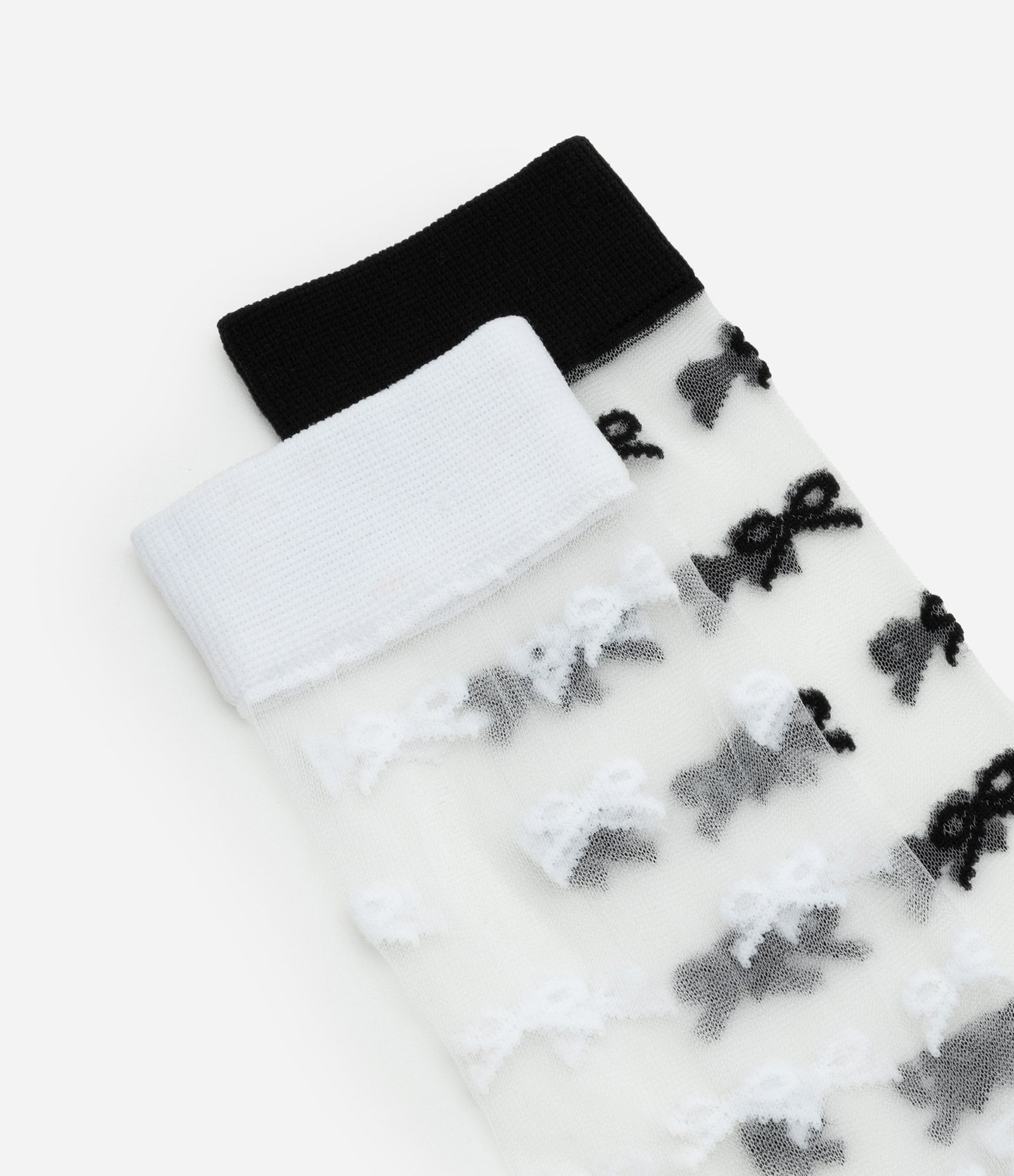 Kit 02 Meias Cano Alto com Transparência e Textura de Lacinhos Preto/Branco 4