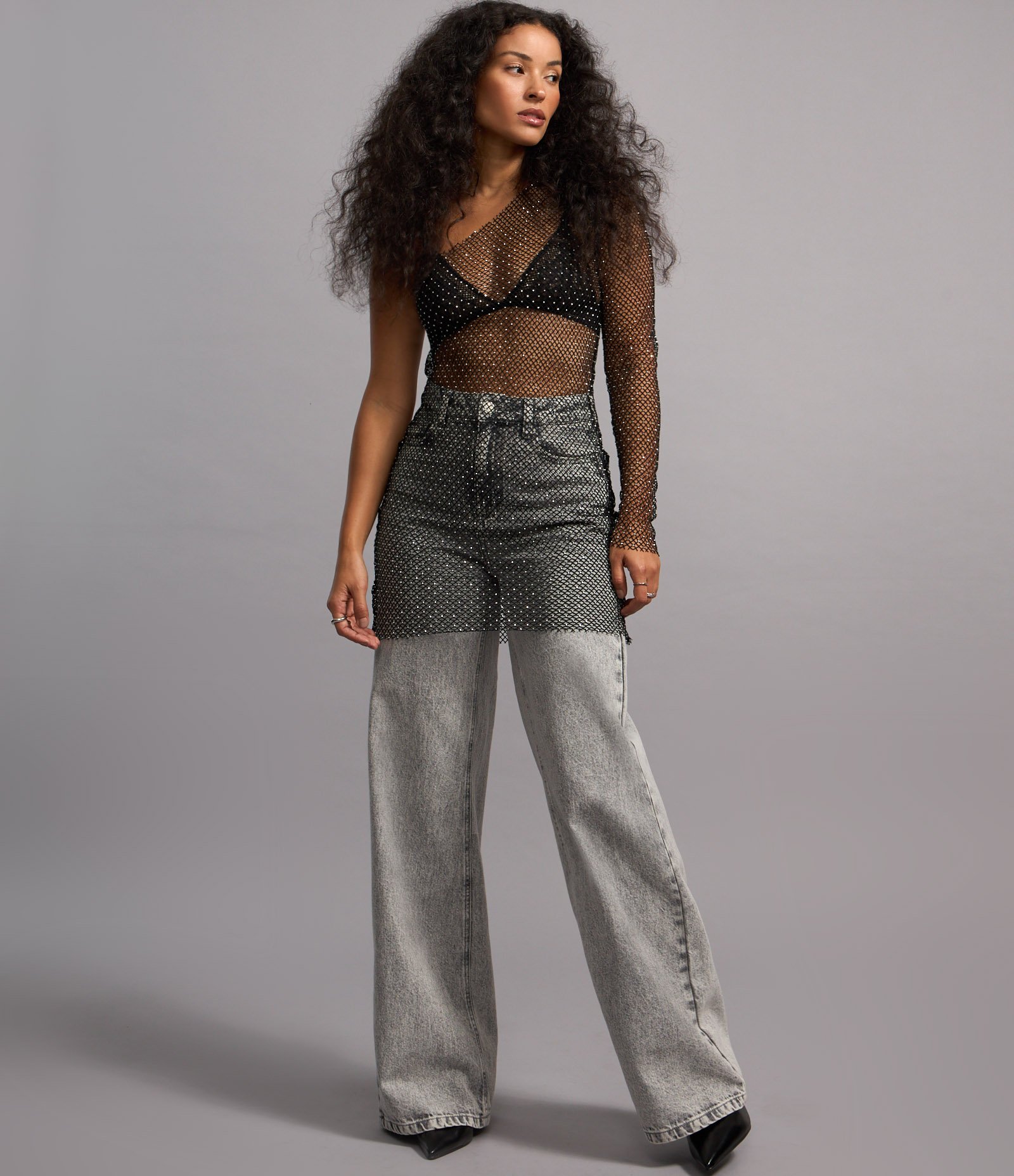 Vestido Ombro Só em Malha Mesh com Fio Metalizado Preto 5