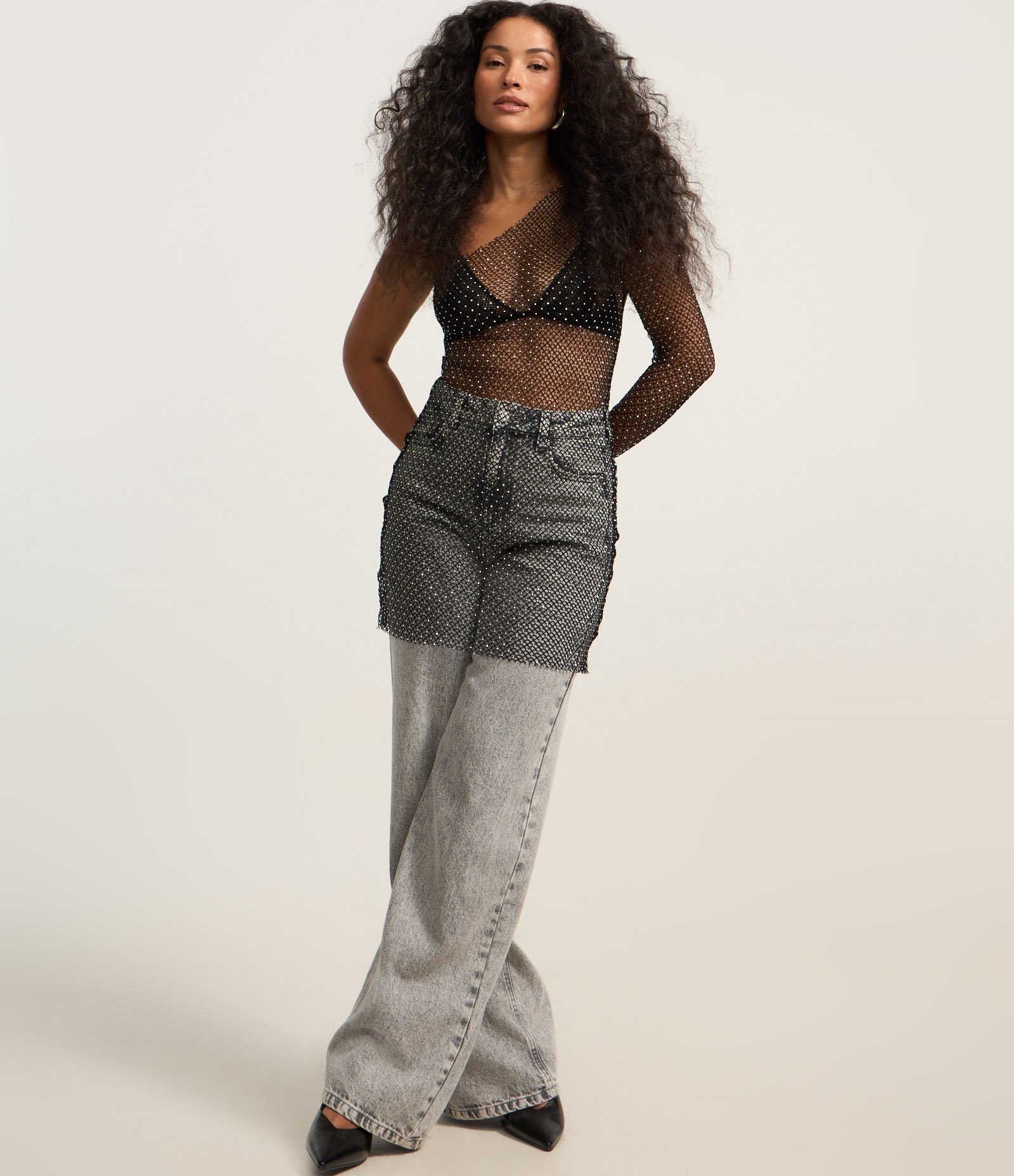 Vestido Ombro Só em Malha Mesh com Fio Metalizado Preto 2