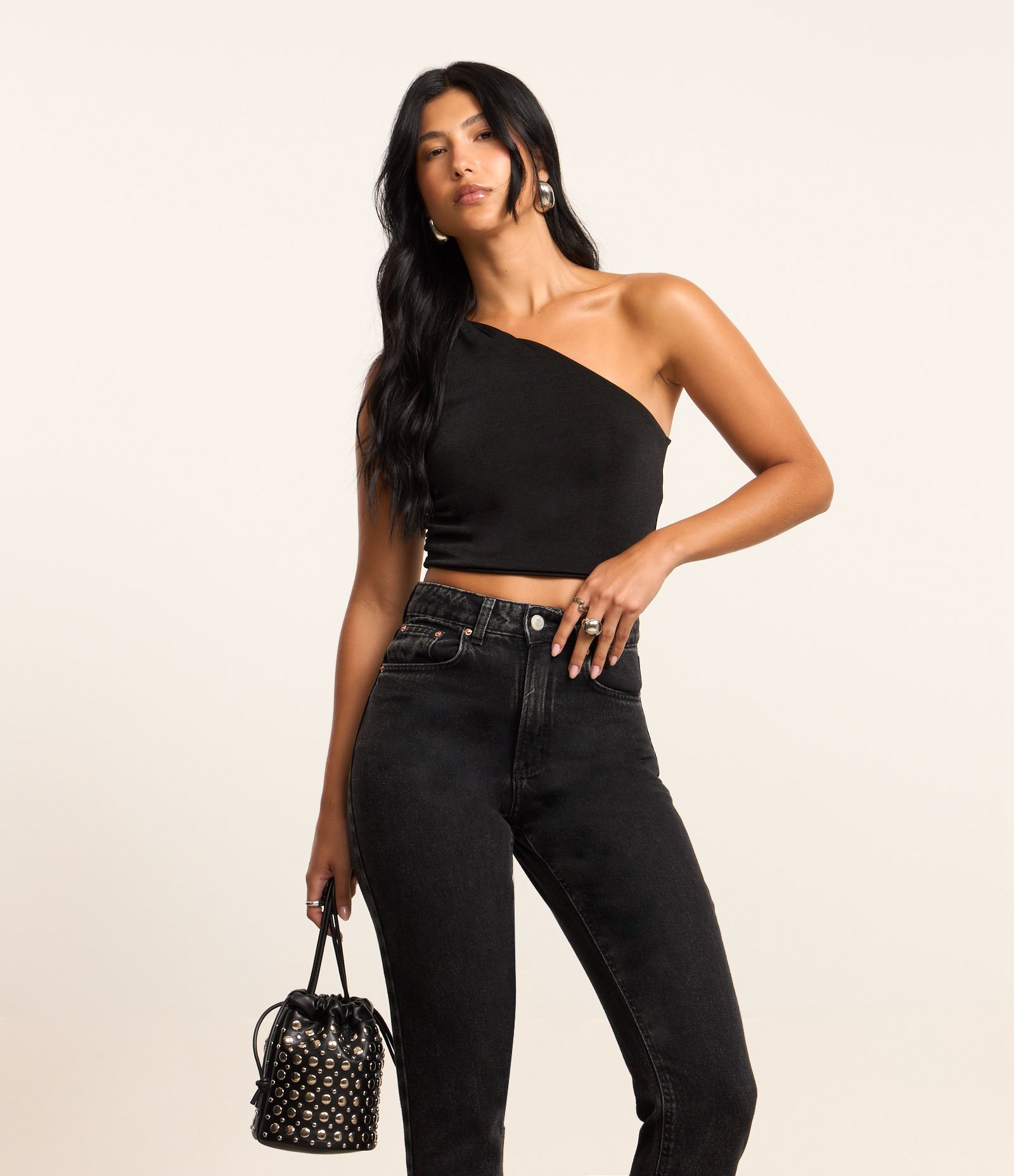 Blusa Cropped em Algodão com Um Ombro Só Preto 2