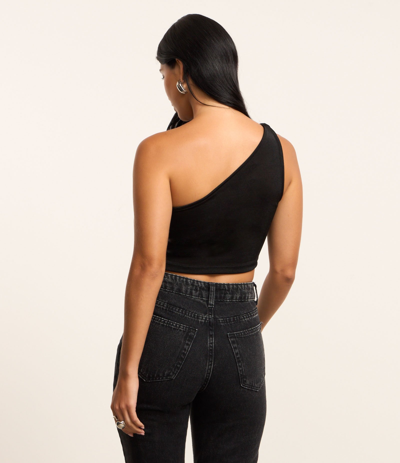 Blusa Cropped em Algodão com Um Ombro Só Preto 3