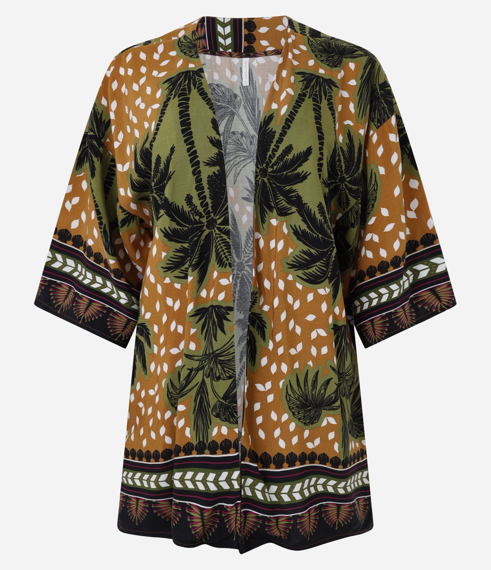 Saída de Praia Kimono em Viscose Estampada de Coqueiros Laranja/Verde 5