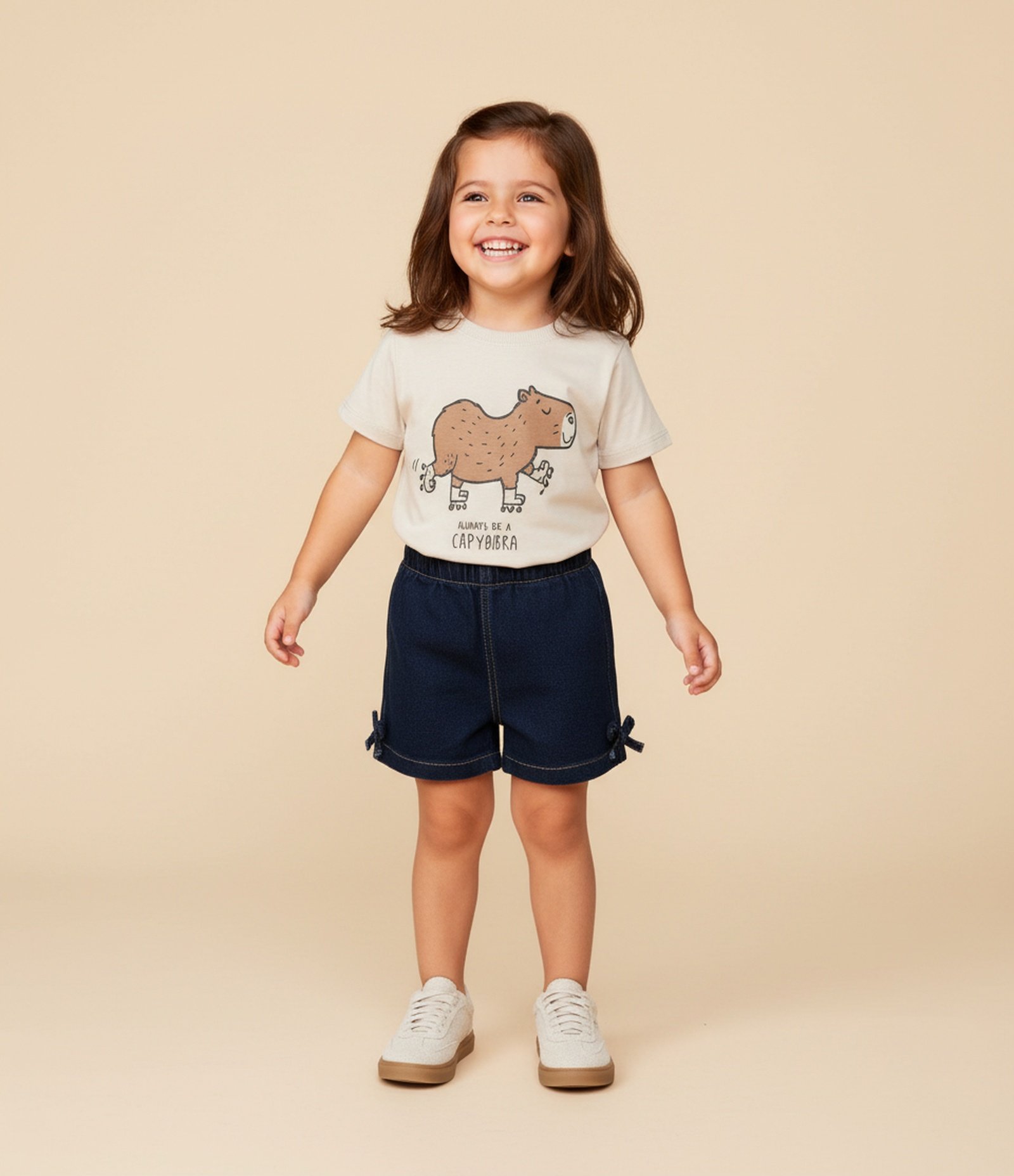 Camiseta Infantil com Estampa Capivara de Patins - Tam 1 a 5 Anos Bege 1