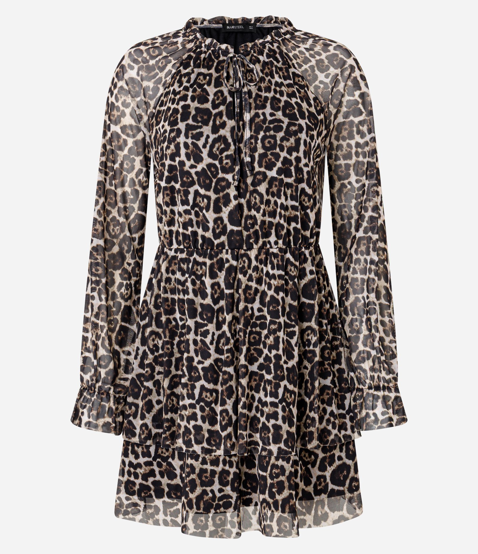 Vestido Curto em Tule com Estampa Anima Print e Babados Marrom 5